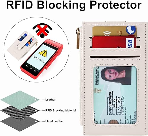 Miniatura 3 de Chelmon Cartera de mujer delgada con bloqueo RFID, billetera plegable con varios compartimientos para tarjetas con bolsillo con cremallera, Beige,