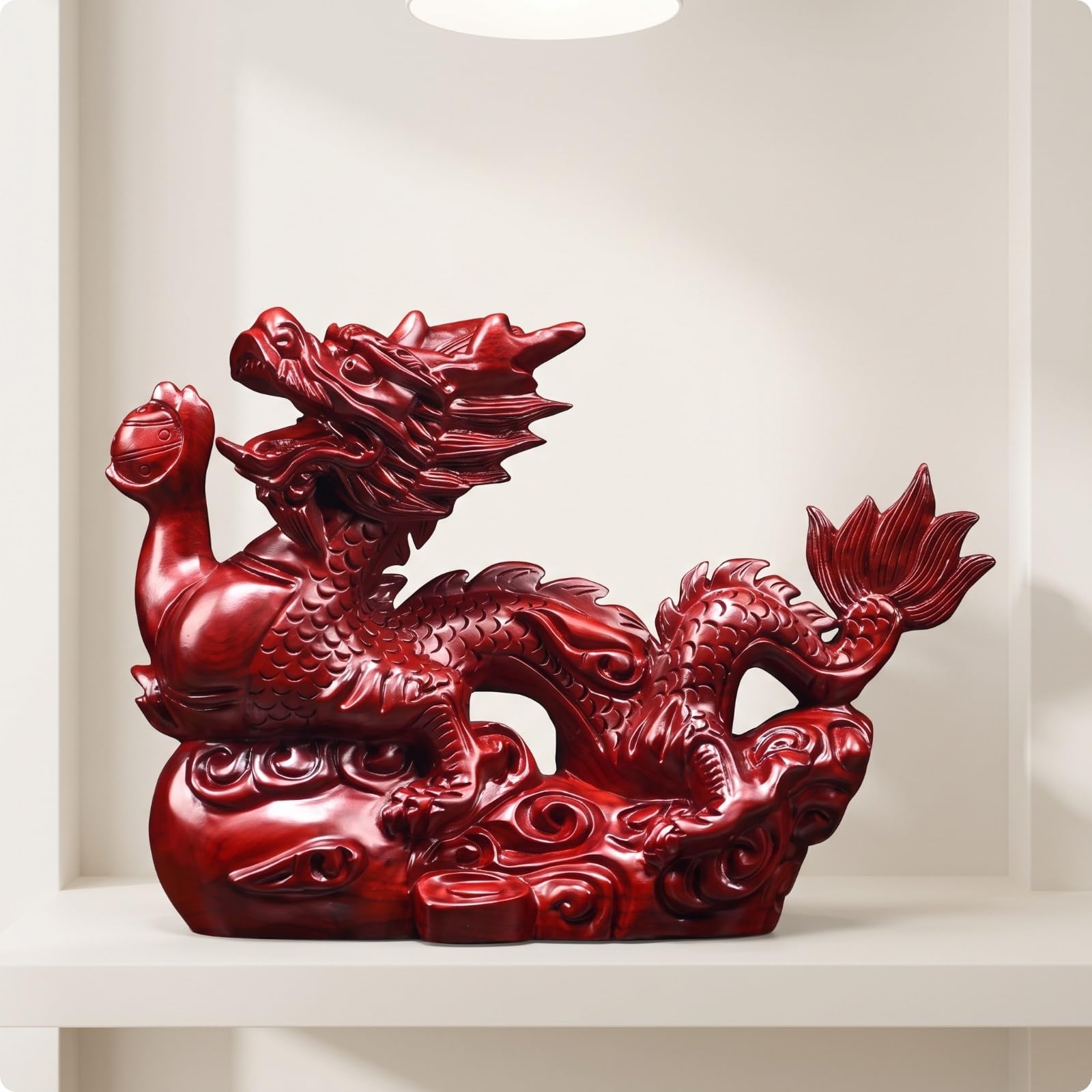 perfk Figura Dragón Chino Tallado Estatua |, Llamativo, para Estudio, Oficina, Rojo, 28CM