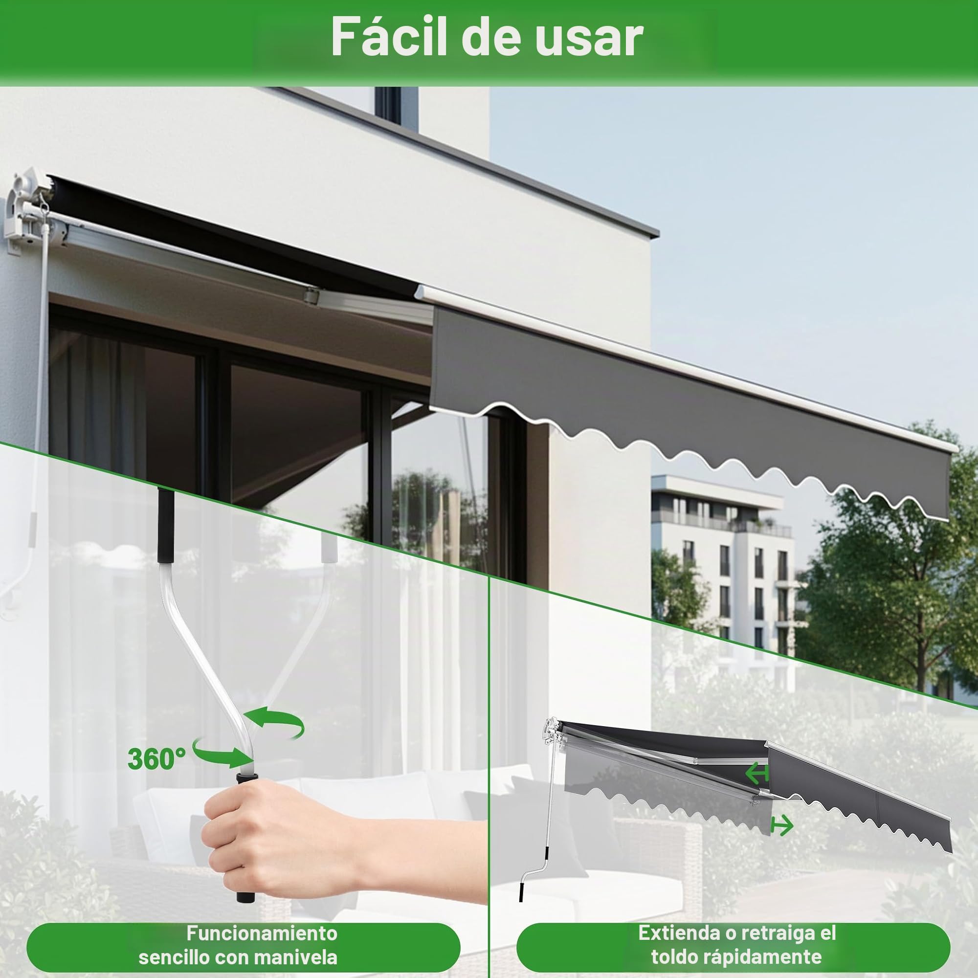 UISEBRT Toldo de aluminio con brazo articulado, 250 cm de ancho, toldo para balcón, protección solar, con brazo de sujeción manual, resistente al agua, color gris oscuro (300 x 250 cm)