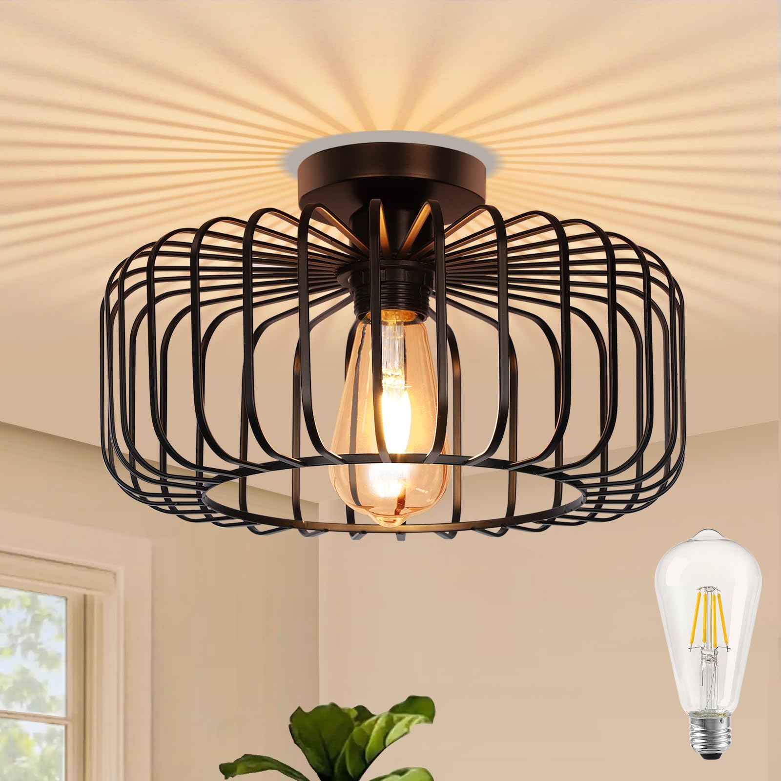 Black Modern Chandeliers Ceiling Lights with Bulb,Metal Cage Light Fixtures with E27 Base for Living Room,Kitchen,Dining Room,Bedroom,Farmhouse