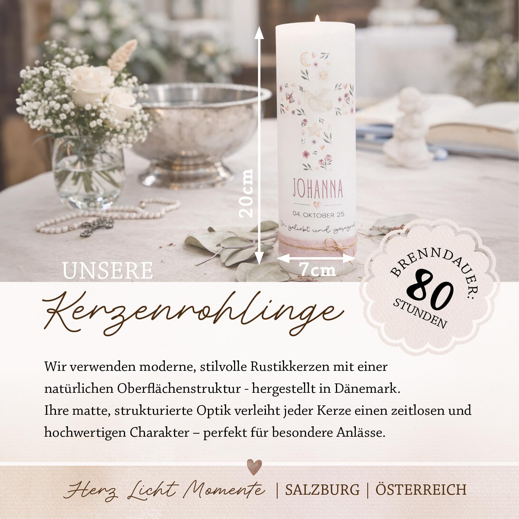 Personalisierte Taufkerze mit Name & Datum | Rustikkerze 7x20 cm | Geschenk zur Taufe Mädchen Junge | Individuelle Kerze mit Spruch | Kranz Motiv (Brombeer)