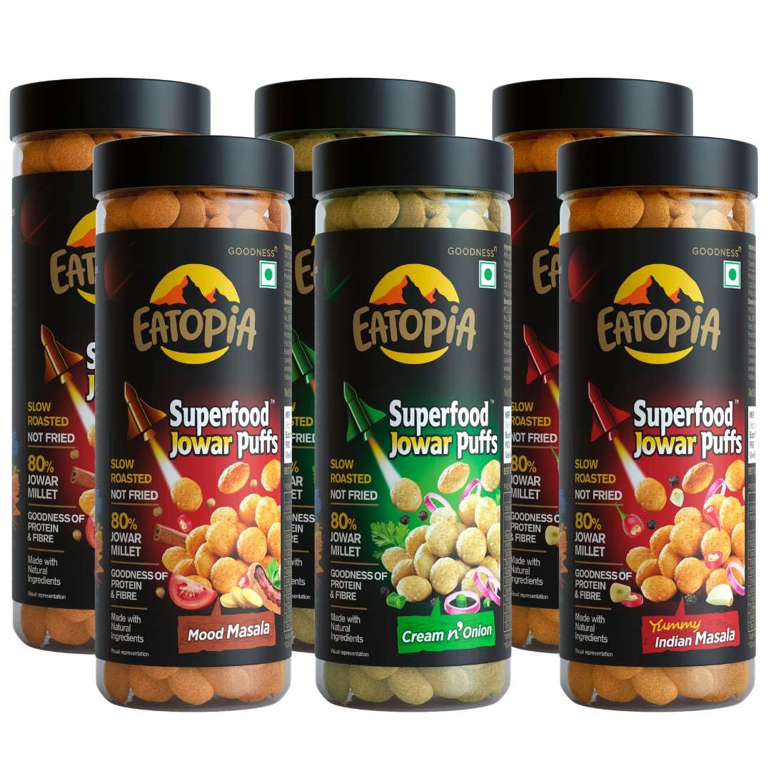 Eatopia Mood masala, Indian masala, Cream & Onion Jowar Puffs | No Preservatives, Not fried, Gluten Free, Slow Roasted | High Protein & Fiber | Low Calorie Healthy Snacks | 80% Jowar | Pack of 6 (Pet Jar) (B0CLDZXV68) Amazon Price History, Amazon Price Tracker