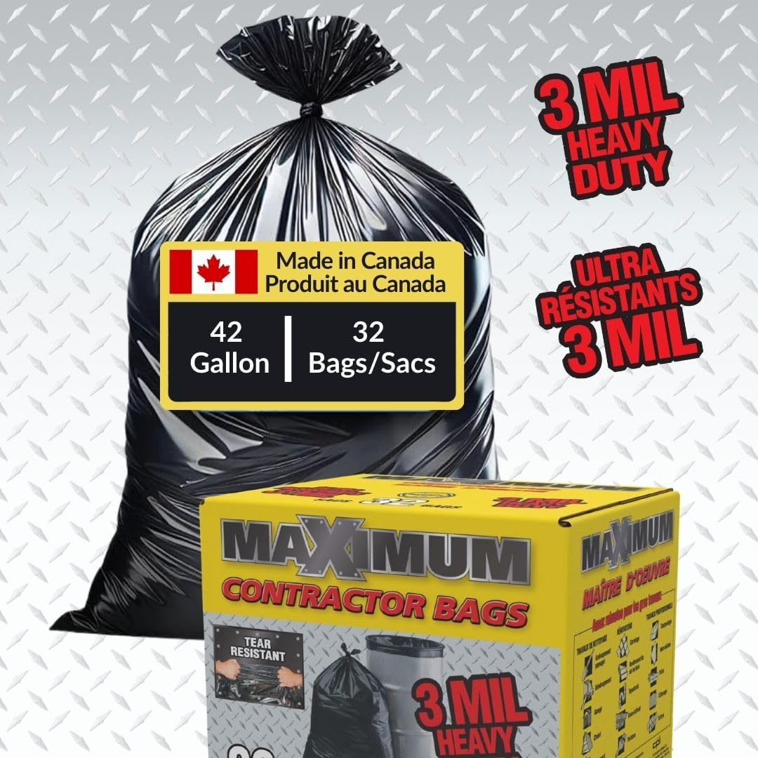 Maximum Heavy Duty Garbage Bags, 42-Gallon, 3 Mil, Black Garbage Bags Extra Large, Tear Resistant, Industrial Strength, 32 Counts