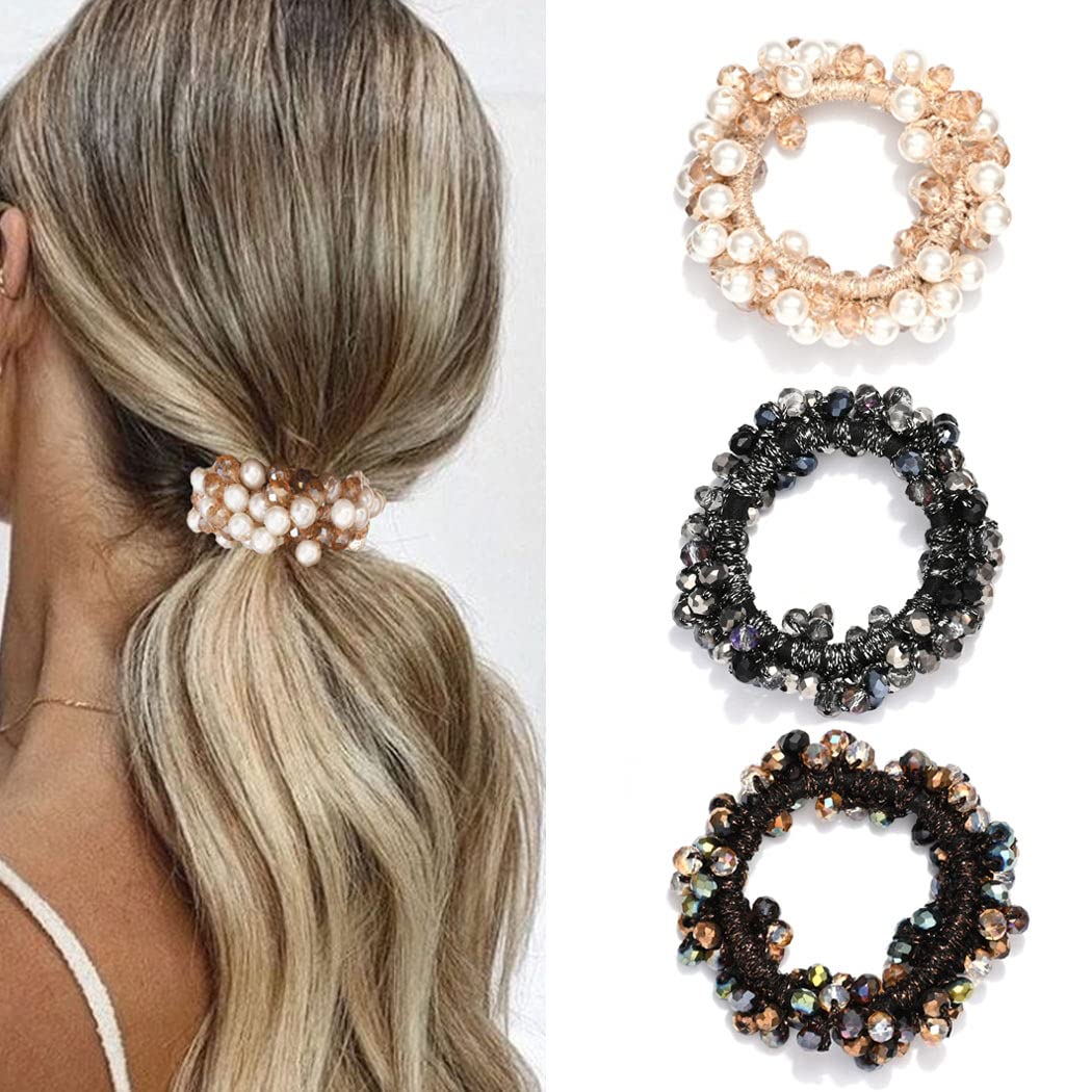 RunmiHair Scrunchies with Beads, 3 Pieces Crystal Elastic Hair Bands Hair Accessories for Women and Girls (A)