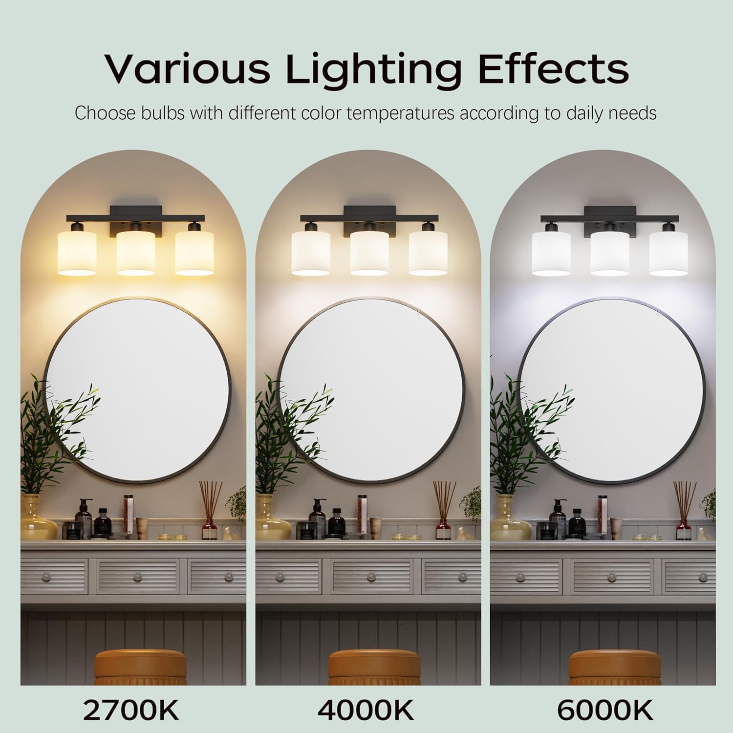 PARTPHONER Bathroom Light Fixtures, Bathroom Lighting Fixtures Over Mirror, Interior Classic Vanity Lights, Modern Vanity Light with Textured White Glass Shade, Matte Black, 3-Light