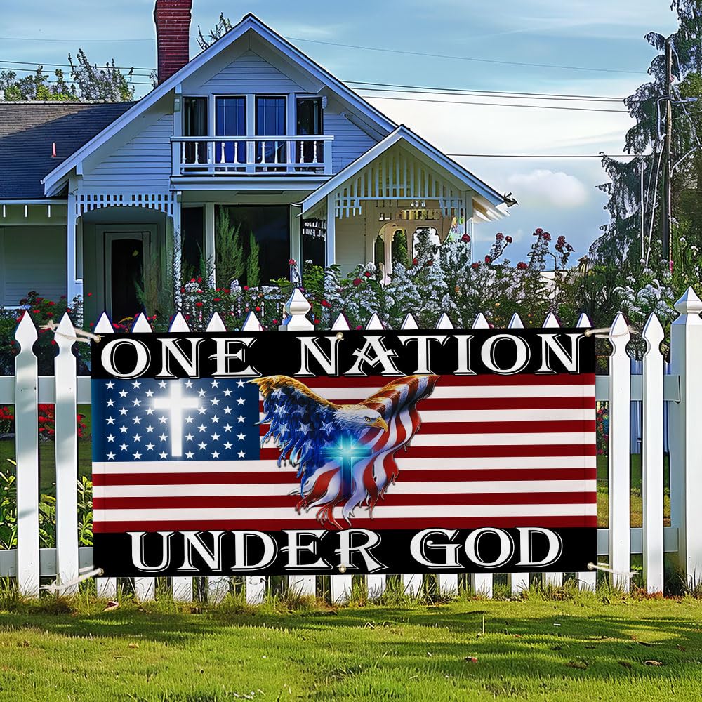 American Banner Flag-One Nation Under God American Eagle Patriot Fence Banner TPT1649FB, 9x3 ft.-Decorative Indoor Outdoor Yard Sign