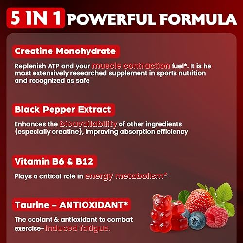 Miniatura 6 de Gomitas de monohidrato de creatina para mujeres y hombres, taurina y B6, gomitas masticables de creatina preentrenamiento para máxima fuerza y