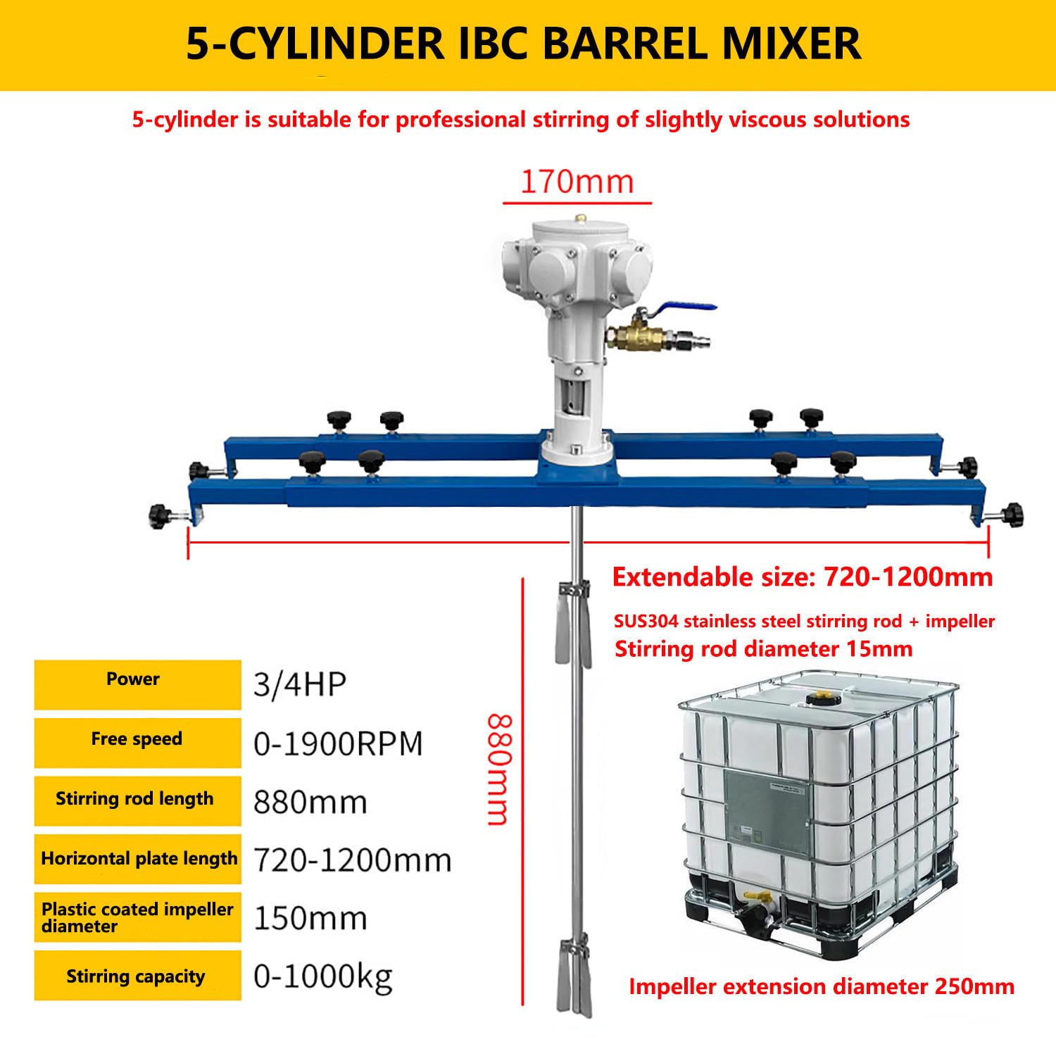 Mezclador de pintura de acero inoxidable con soporte neumático, 0-1900 RPM, varilla agitadora de 880 mm, longitud 720-1200 mm ajustable, 0-1000 kg, para agitar soluciones ligeramente viscosas