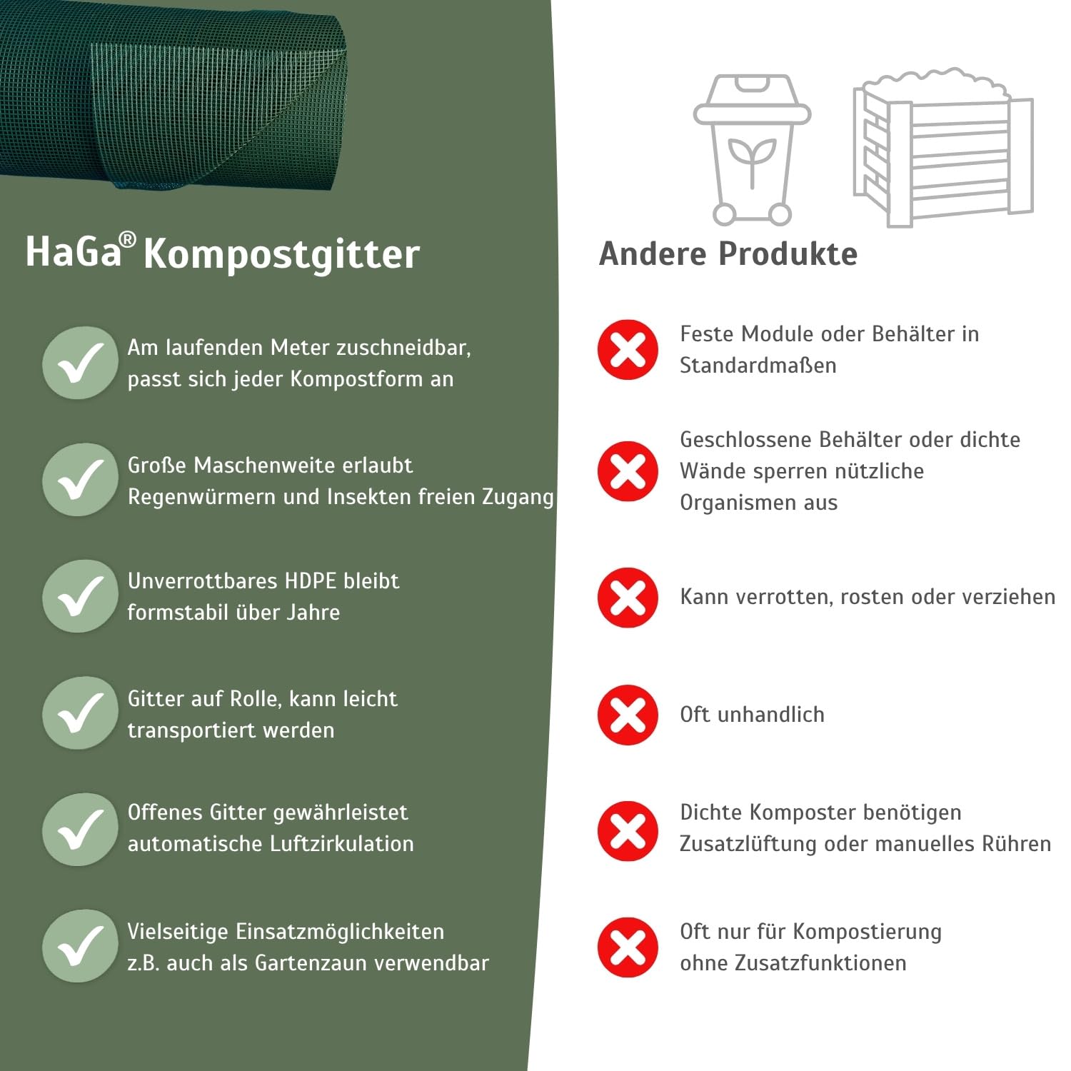 HaGa Kompostgitter 1,2m x 25m - Hochwertiger Kunststoff für Abfall & Recycling - Praktische Größe für Komposter, Schnellkomposter & Thermokomposter