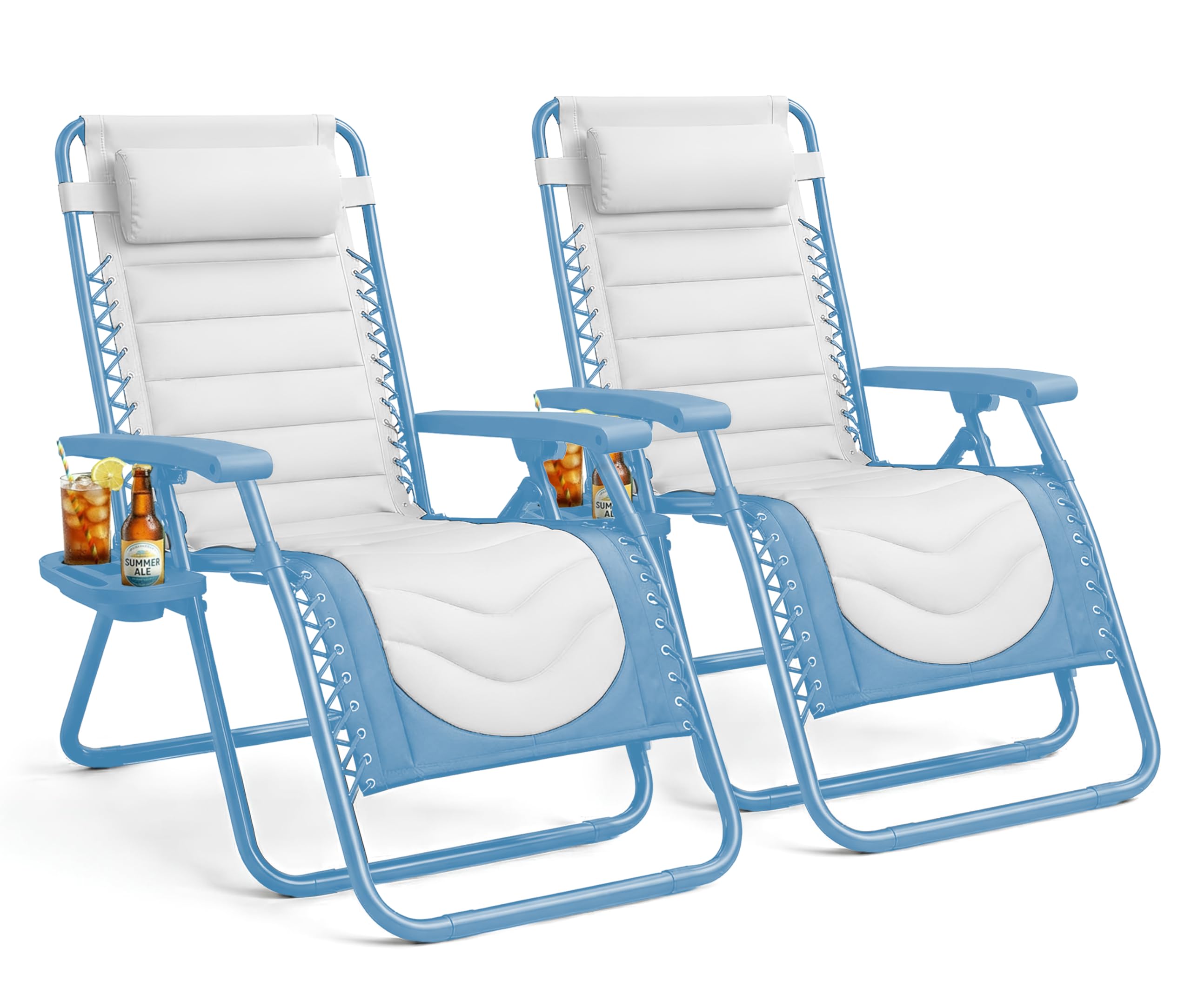 KEPLIN Set of 2 XXL Premium Heavy Duty Padded Two Tone Zero Gravity Chairs - Luxurious Garden Recliners, Adjustable Headrest, Cup & Phone Holder, Foldable, Patio Sun Loungers - 150kg Weight Capacity