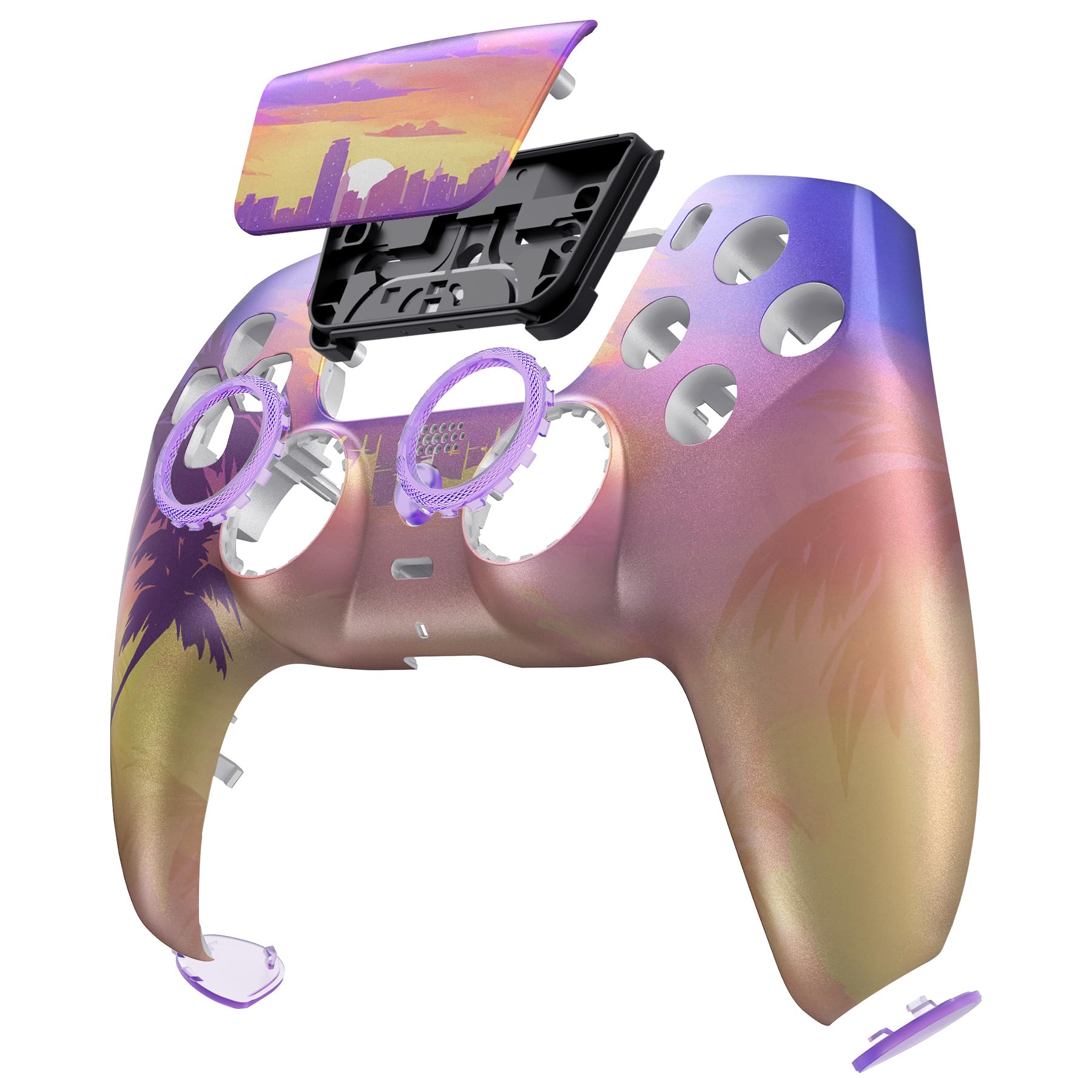 eXtremeRate Luna Cover per ps5 Controller Joystick,Shell Frontale Touchpad Ricambio,Scocca Ridisegnata&Anelli per ps5 Joypad BDM 010/020/030/040/050-Neon Miami