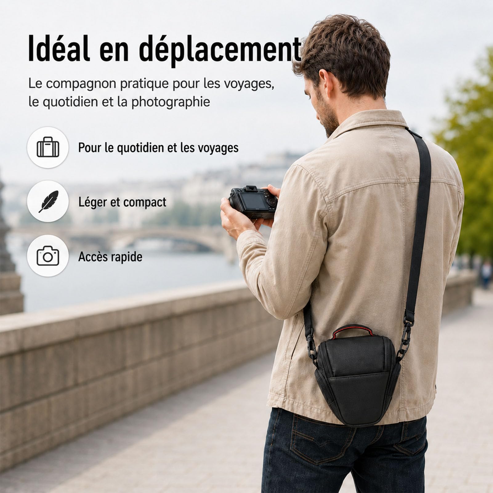 Sac Appareil Photo Noir 21x18x11 cm Sacoche Compacte pour Hybride Numérique Reflex DSLR SLR Bandoulière Amovible Réglable