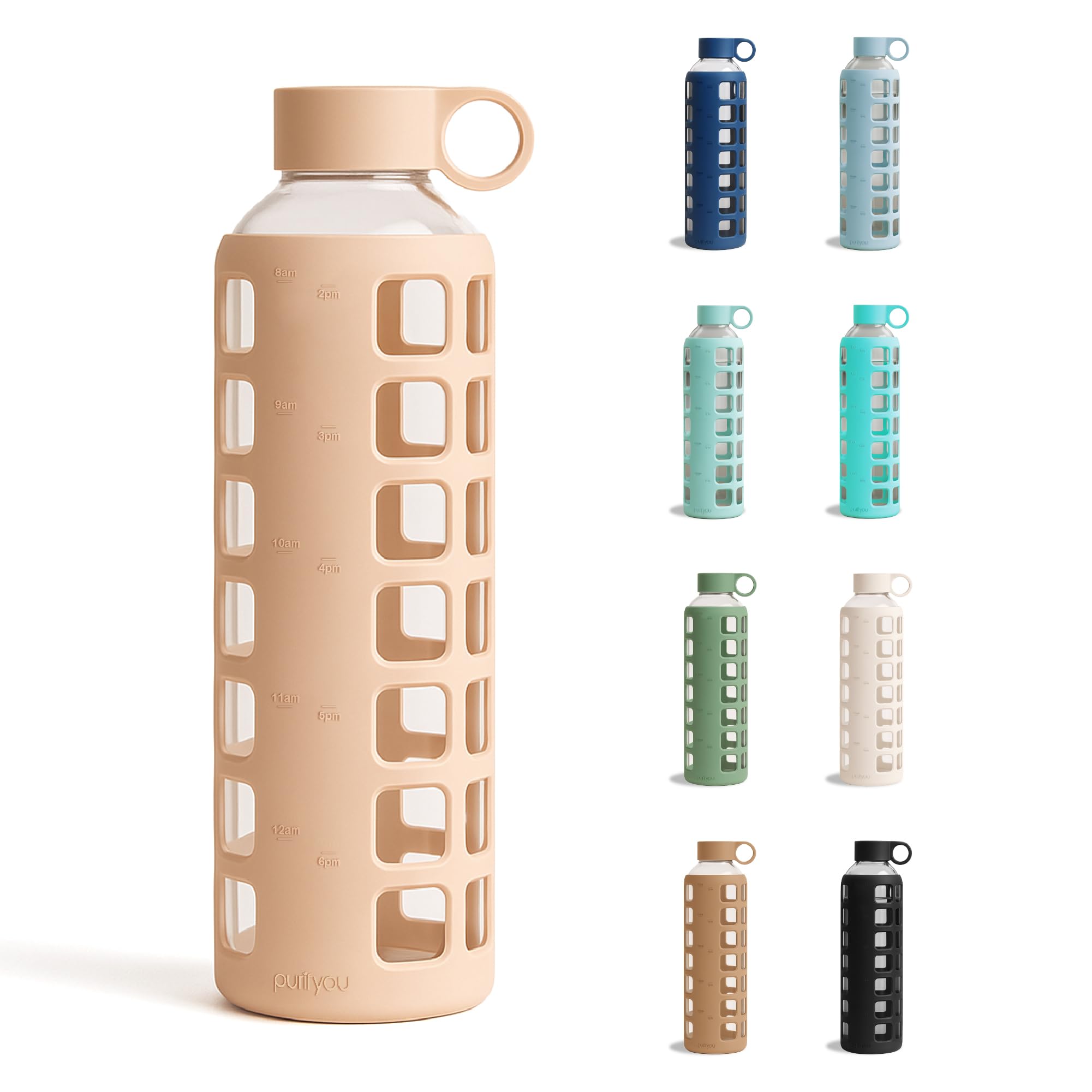 purifyou 40oz / 32oz / 22oz / 12oz Borosilicate Glass Water Bottle with Time & Volume Markers, Silicone Sleeve, Stainless Steel Lid | Reusable Glass Bottle for Water & Juice (32oz Hazelnut)