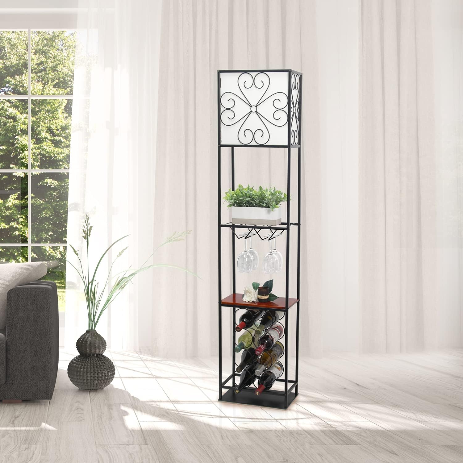 Elegant Designs LF1021-BLK Etagere Organizer Wood Accented Storage Shelf and Wine Rack with Linen Shade Floor Lamp, Black