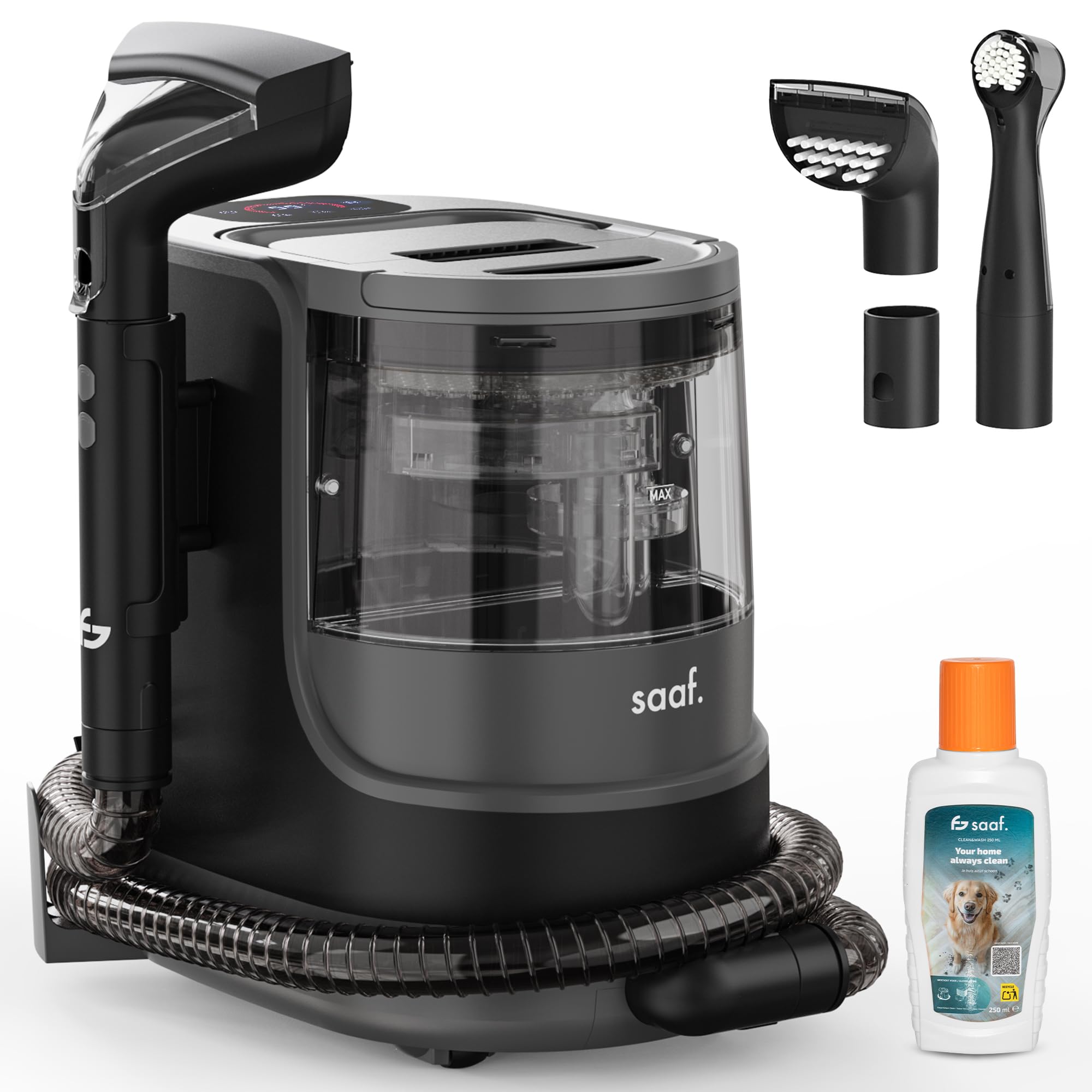 Saaf Limpiador de Manchas – Set de 7 Piezas – Función Vapor hasta 100°C – Alfombras y Sofás – Motor Potente 1700W – Incluye Cepillo Alfombra, Cepillo Precisión & Limpiacristales – Negro