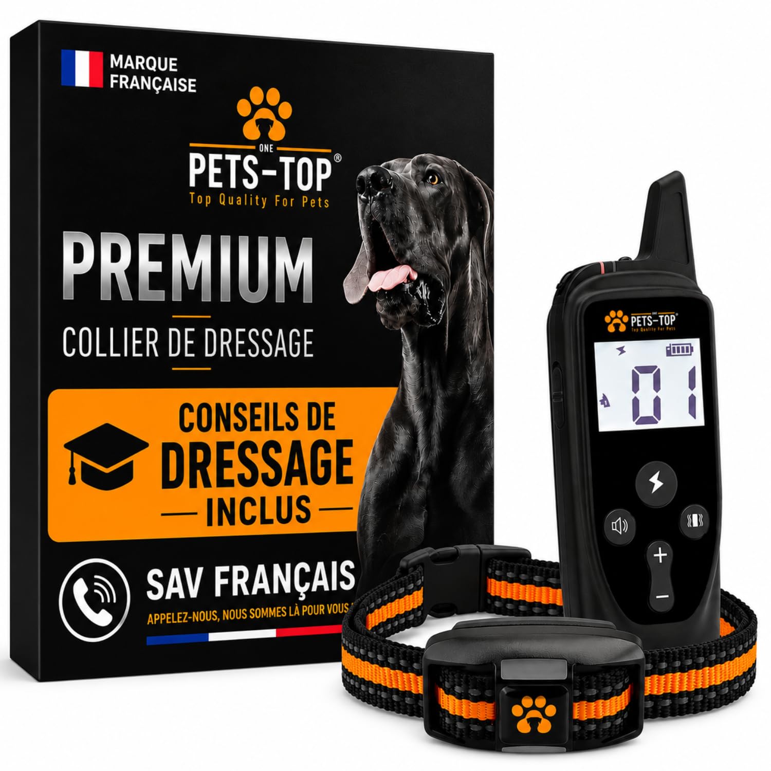One PETS-TOP Collier De Dressage pour Chien, Portée de 3000m, Mode Vibration, Son, Choc Statique de 0 à 99, IPX67 Résistant à L’Eau, Petit et Gros Chien, Anti-aboiement