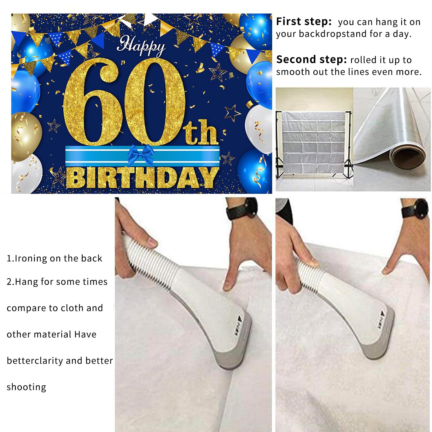 Sfondo fotografico Banner blu 60 ° compleanno decorazione banner per uomini donne blu navy oro blu anniversario festa sfondo 150x100