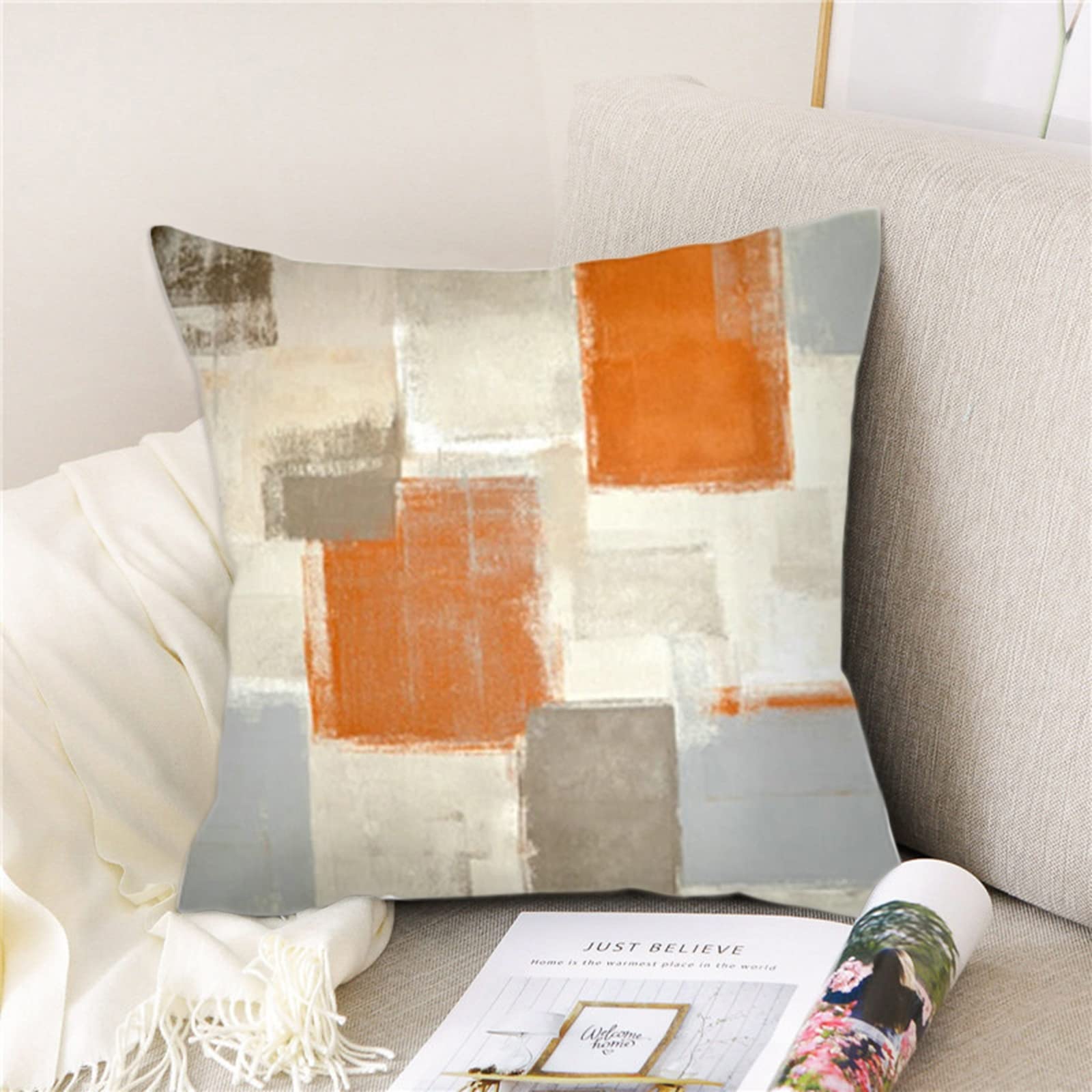 Daesar Cushion Pillow Covers for Living Room Sofa Pillow Cases 4 Pack Orange Grey White 20x20 Pillow Case Modern 50x50CM Lattice Geometric - Image 3