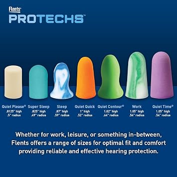 Flents Protechs Foam Ear Plugs, 10 Pair with Case for Sleeping, Snoring, Loud Noise, Traveling, Concerts, Construction, Studying, Work, Shooting, NRR 33, Purple, Disposable, Made in the USA