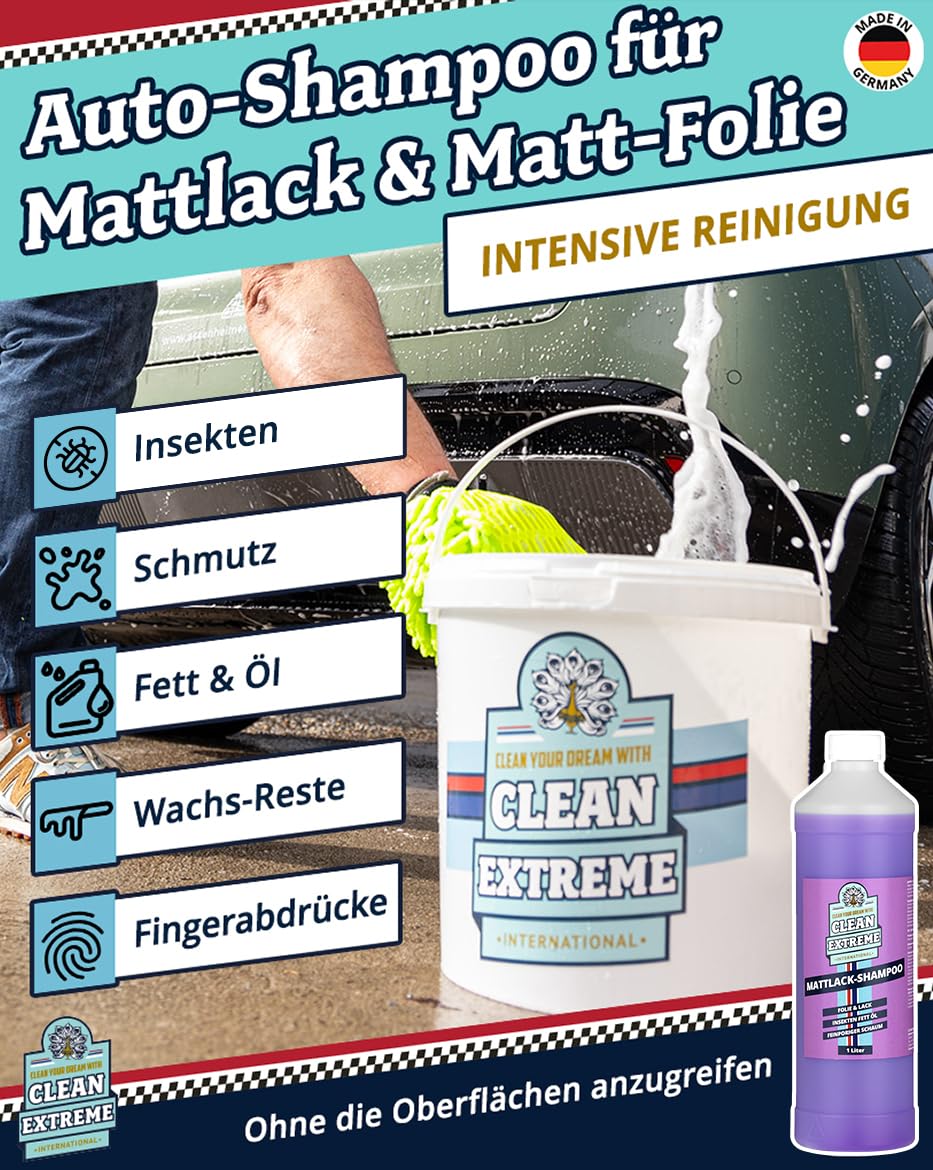 Auto Mattlack Reinigungs- & Pflege-Set Medium | 1L Shampoo Konzentrat, 500ml Mattlack Pflege mit Versiegelung (Detailer), 500 ml Matt Intensiv Reiniger + 2 Mikrofasertücher