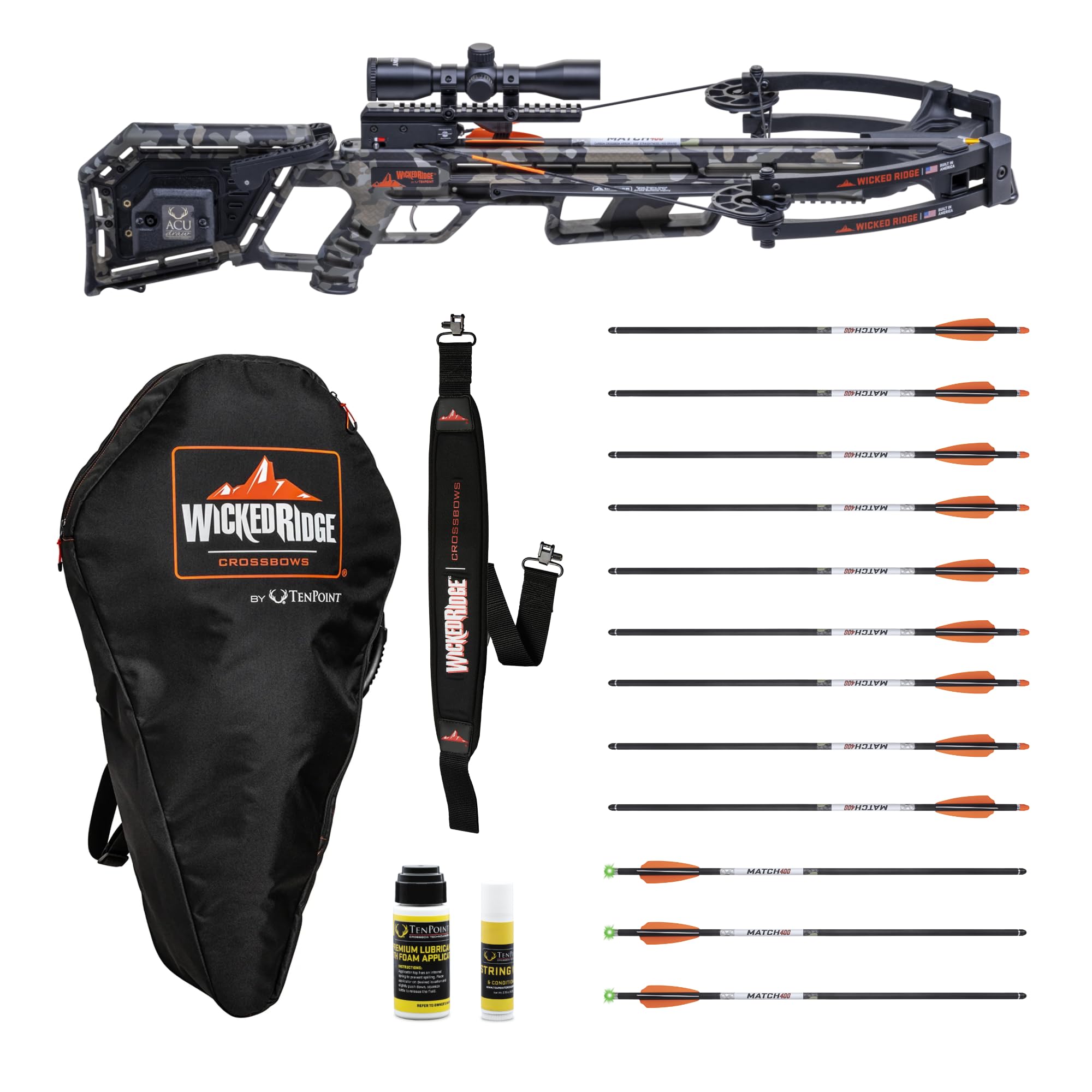Wicked Ridge by TenPoint Commander 400 Bundle - Includes Wicked Ridge Soft Case, Nine Match 400 Non-Lighted + Three Lighted Arrows, Neoprene Sling, String Wax & Conditioner, and Premium Lubricant
