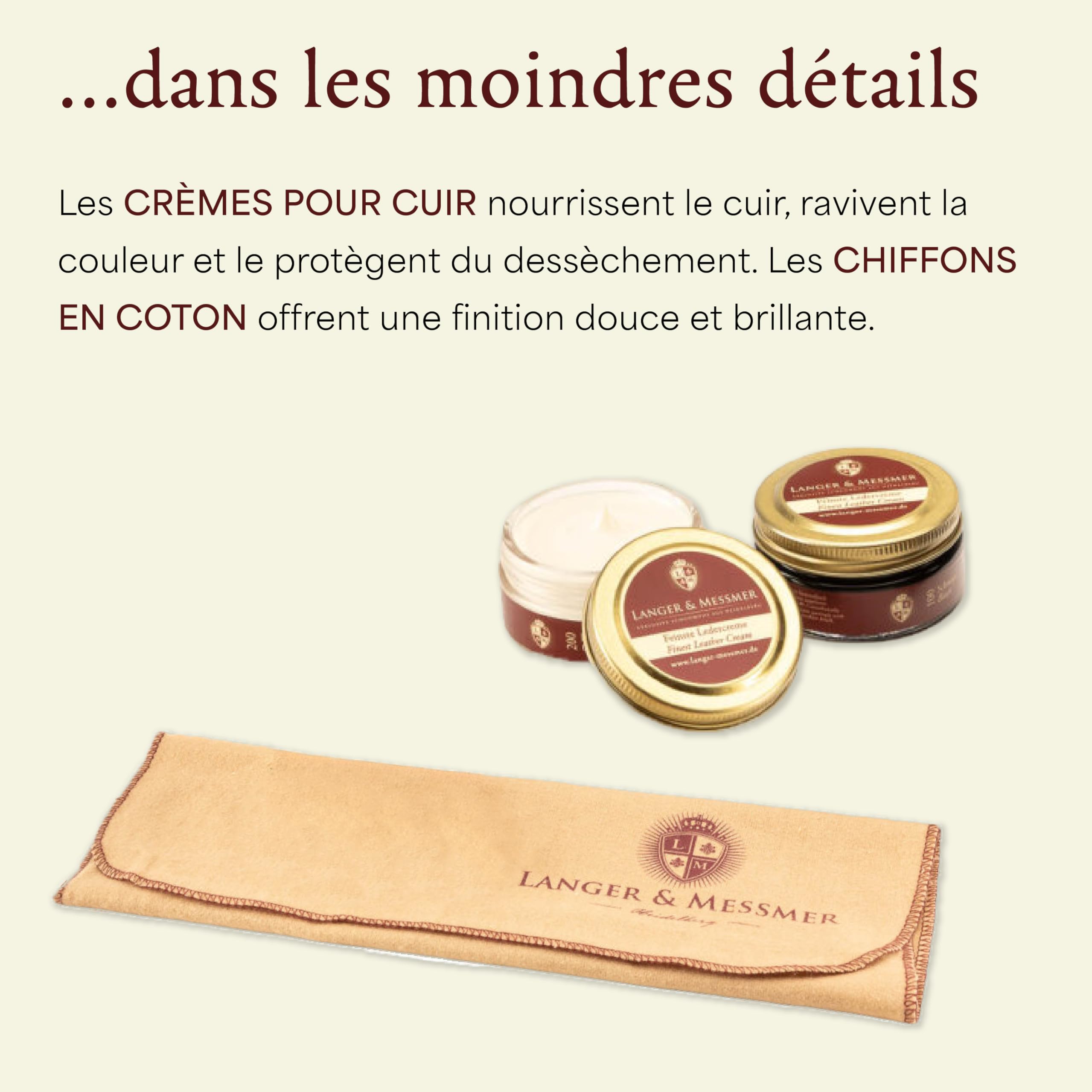 Langer & Messmer kit cirage de chaussures y compris des crèmes d'entretien pour le cuir et des brosses à chaussures de haute qualité en crin de cheval et en poil de chèvre