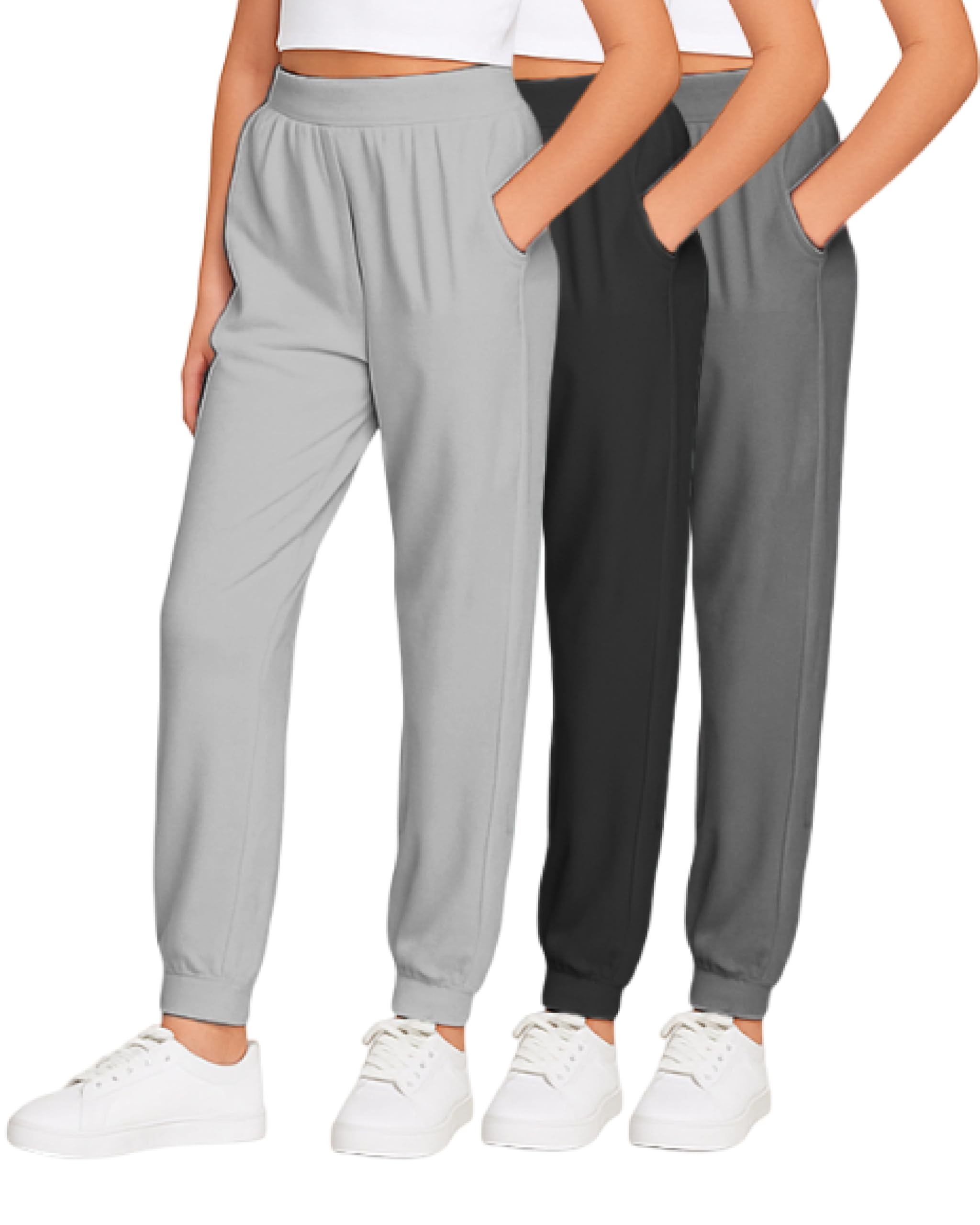 Girls Sweatpants - 3 Pack High Waisted Performance Jogger Girls Pants with Pockets: Made in USA (Sizes 5-18)