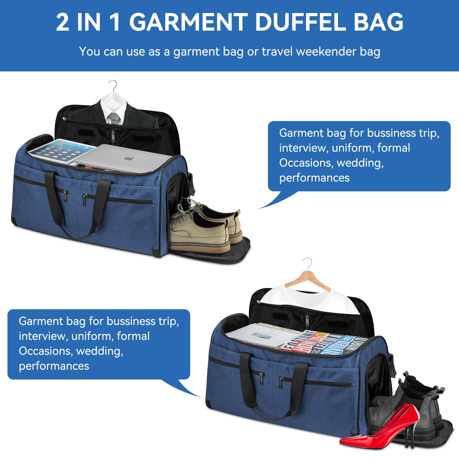Bukere - Bolsa de viaje convertible para ropa de viaje, con compartimento para zapatos, correa de hombro desmontable, bolsa de traje de fin de semana 2 en 1 para hombres y mujeres, Blue, Bolsa de ropa