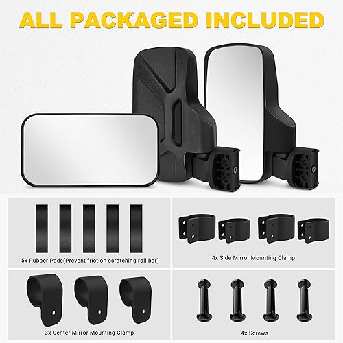 Miniatura 9 de Espejos laterales y espejo central, espejos retrovisores ajustables para barra antivuelco de 1.6-2 pulgadas compatible con Polaris Ranger RZR Can-Am
