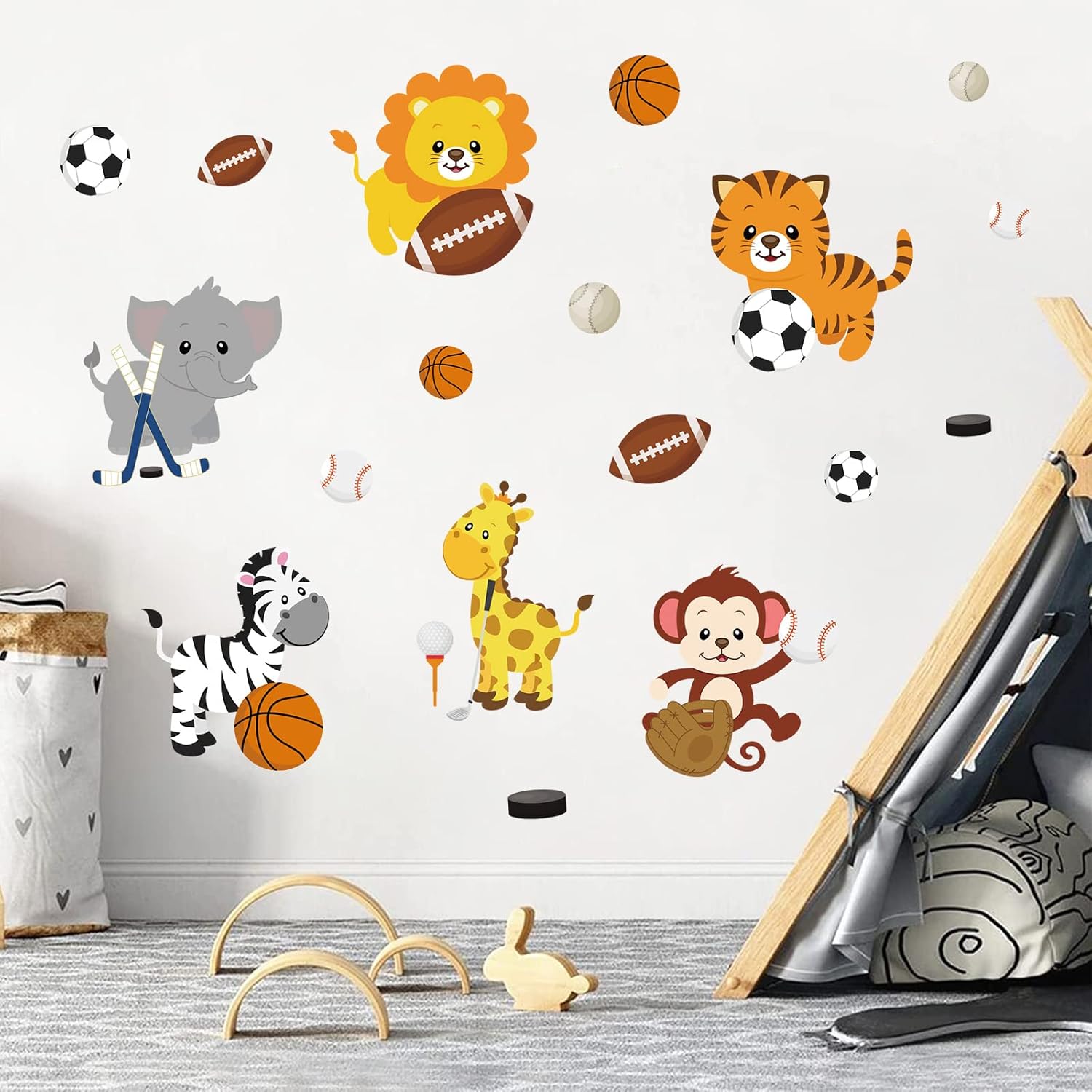 Supzone Cartoon Animal Sport Wall Decals - Sports Balls, Jungle Monkey Lion Giraffe DIY Vinyl Wall Art Stickers for Kids Baby Nursery Playroom Bedroom Girls Boy Room Decor