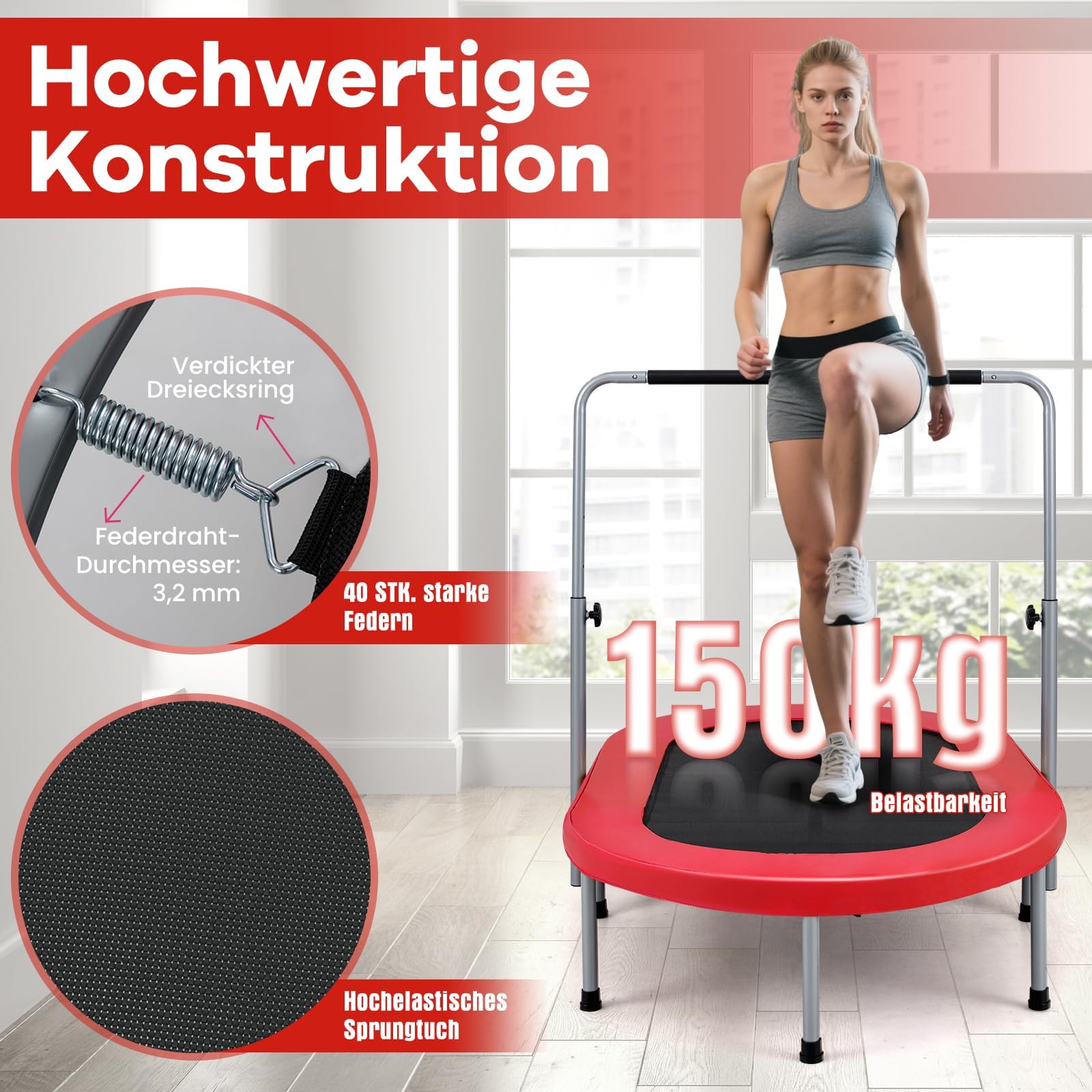 COSTWAY 2 Personen Trampolin, Mini Trampolin mit höhenverstellbarm Haltegriff, bis 150kg belastbar, Kindertrampolin klappbar, Gartentrampolin für Kinder, Erwachsene
