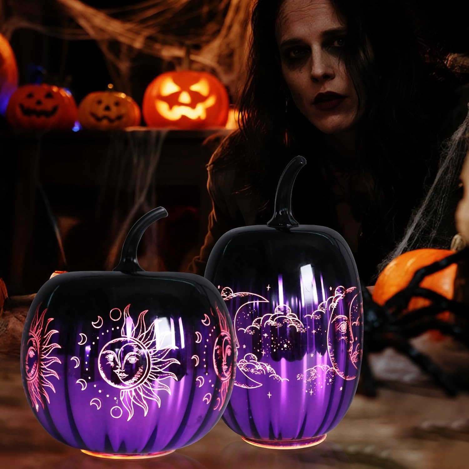 MUMTOP Lighted Halloween Pumpkin Decorations, 2 PCS Glass Pumpkins with Battery Operated LED Light for Halloween Indoor Party Home Tabletop Decorations, Purple