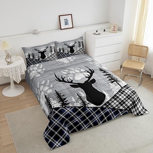 Miniatura 2 de Juego de edredón rústico con diseño de ciervos y ciervos de bosque, tamaño Queen para adolescentes y hombres, juego de ropa de cama de pinos con