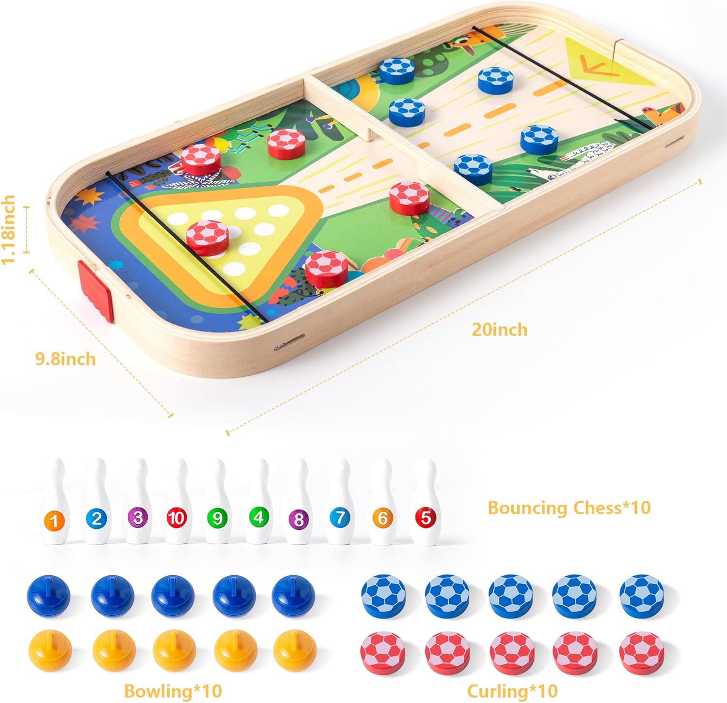 3-in-1 Wooden Tabletop Board Game - Portable Curling, Slingshot & Bowling Set for Kids & Family - Educational Montessori Toy, Screen-Free Indoor Fun, for Boys Girls Ages 3+