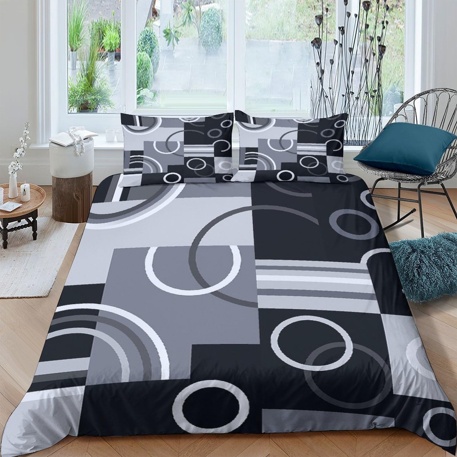 Ctjqhvkz Style-4 3D Printed Geometric Circle Fitted Sheet Microfiber Black Grey Modern Square Mattress Cover For Bedroom Dorm Decor Single（135X200cm）