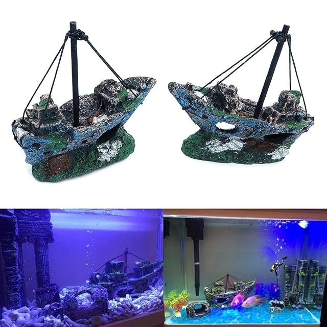Foto 5 de 7 de Tiardey Resina Barco de Pesca Adorno de Acuario Planta de decoración de plástico para Accesorios de pecera…
