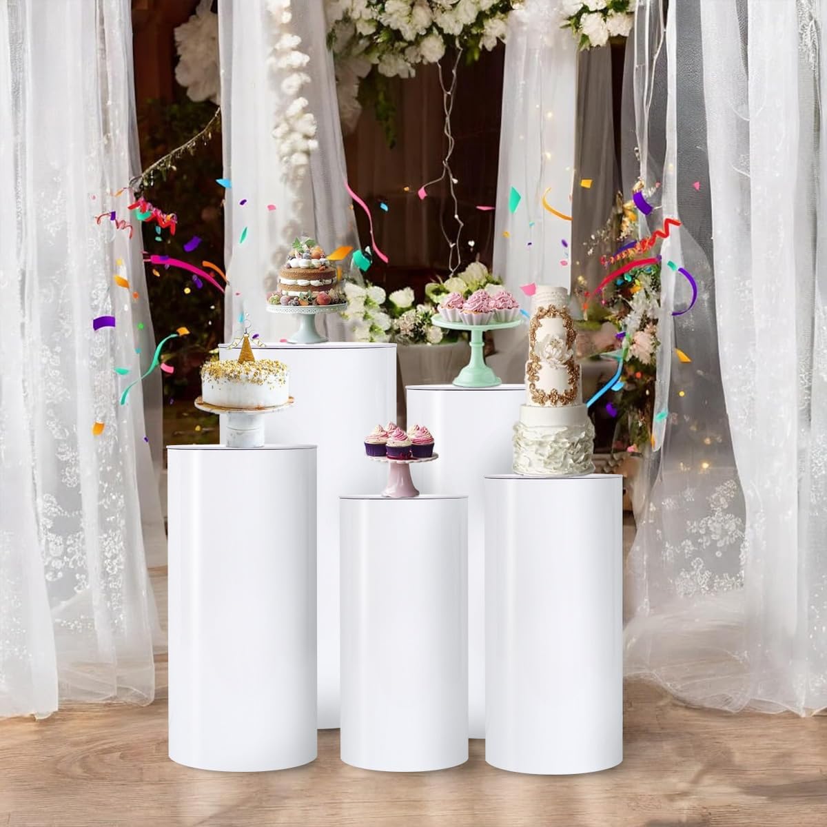 PVC Cylinder Pedestal Stands for Party 5Pcs White Round Pedestal Stand for Parties Cake Stand Dessert Table for Wedding Birthday Event Baby Show Decor cilindros para fiestas redondos blancos