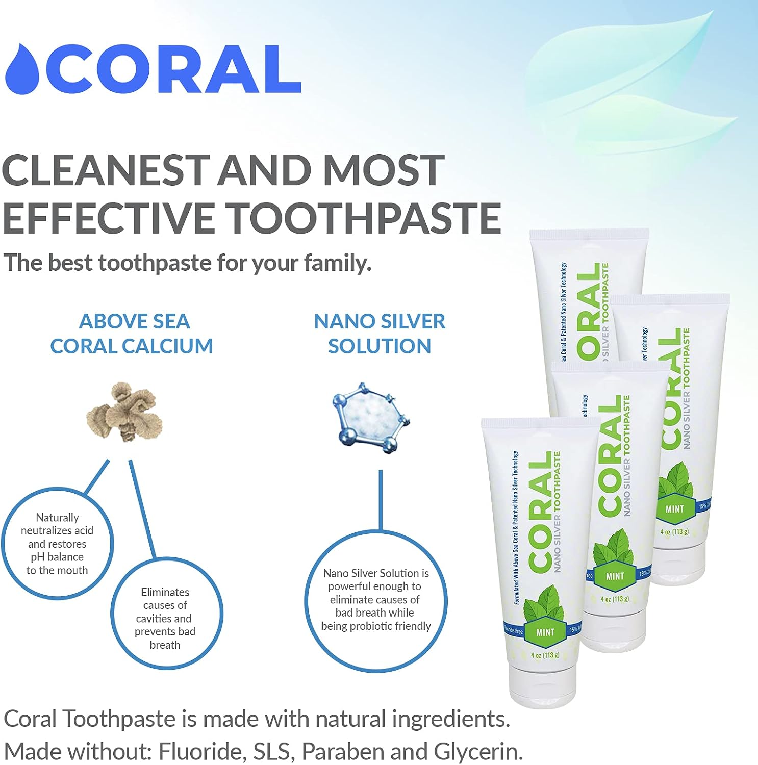Coral White Nano Silver Mint Toothpaste, Natural Fluoride Free Teeth Whitening Toothpaste, Coral Calcium Nano Silver Infused SLS, Glycierin Free 4 Ounce (4 Pack)