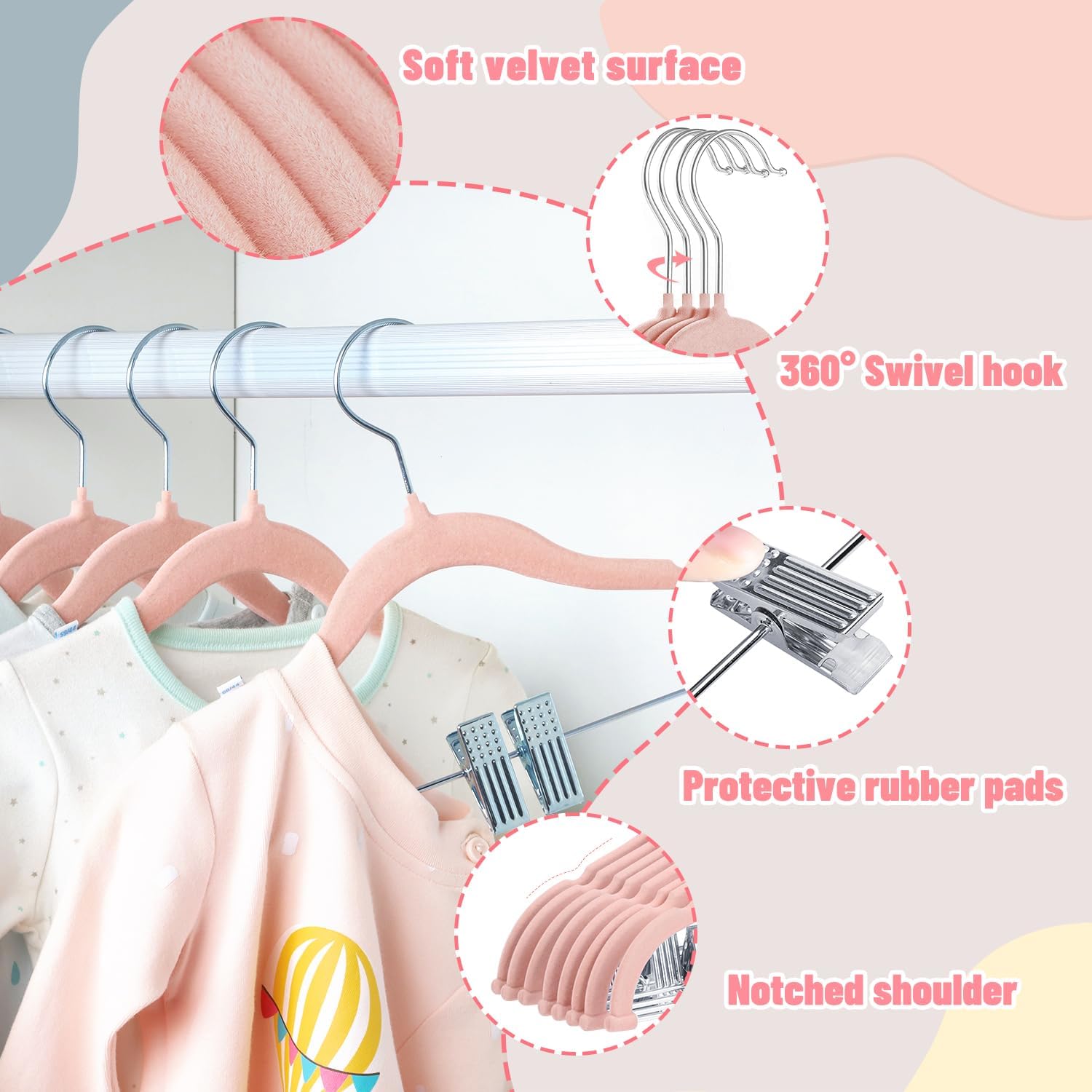 ManGotree 11.8'' Baby Velvet Hangers with Movable Clips, Non-Slip Kids Felt Hangers, Ultra-Thin Space-Saving Children's Clothes Hangers for Skirts, Pants, Dresses, Shirts, Jackets (28 Pack, Pink)
