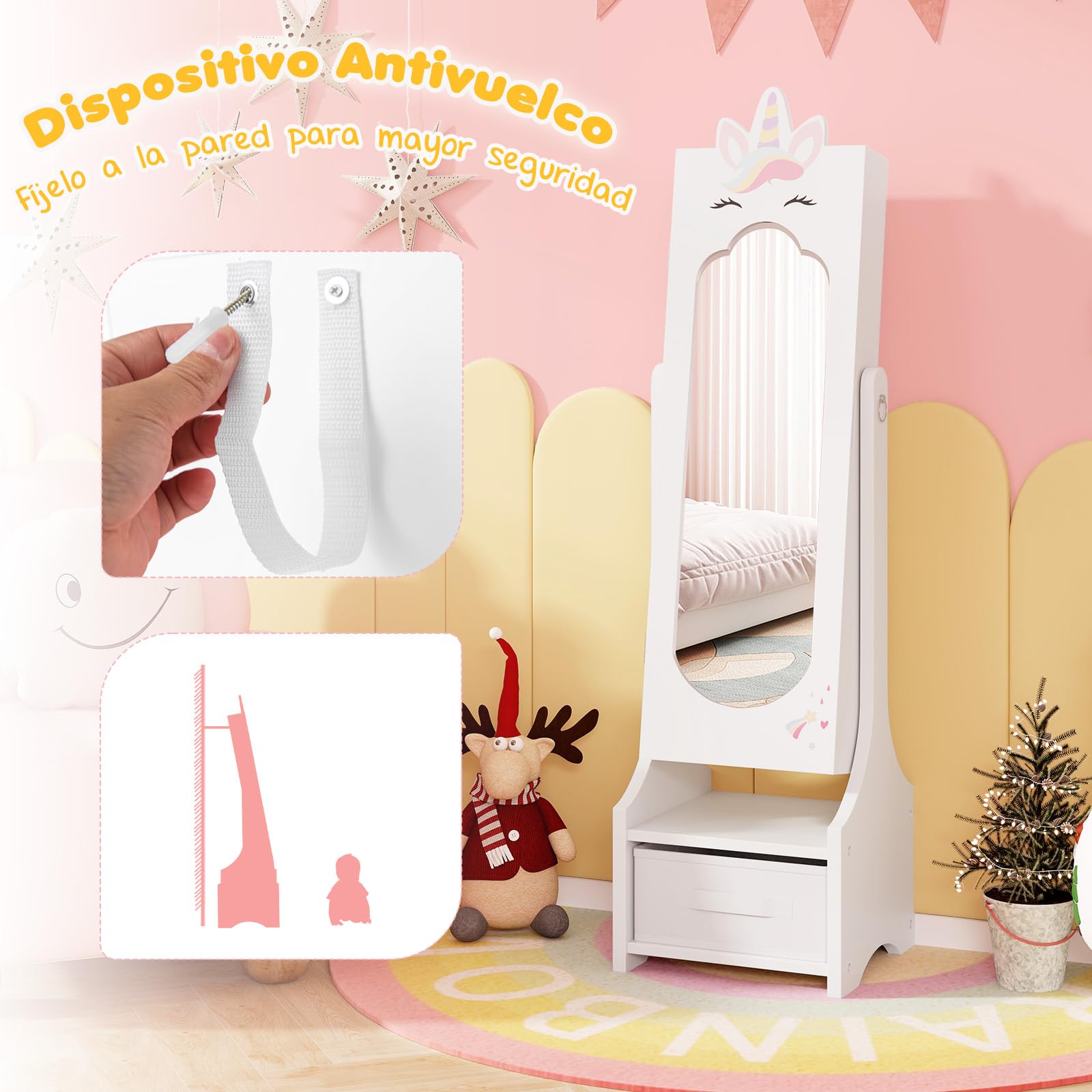 GOPLUS Armario de Joyería para Niños con Espejo de Cuerpo Entero, Organizador de Joyería Infantil de Pie con Cajón Plegable, 2 Ángulos Ajustables, Armario de Joya Princesa para Dormitorio (Blanco)