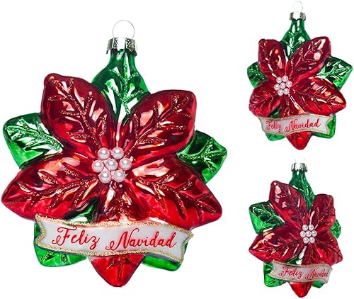 Miniatura 6 de 2 adornos de flor de pascua de vidrio soplado para decoraciones de árbol de Navidad, adornos de Navidad de flor de pascua de cristal con palabras