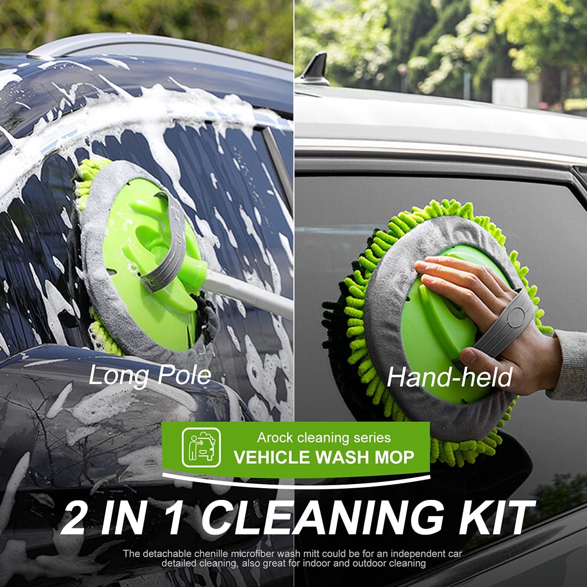 Arock 66" Car Wash Brush Mop, Extra Long Handle & Chenille Microfiber, Scratch-Free Car Cleaning Supplies Duster, Washing Tools Kit Mitt Sponge Accessories with Aluminum Alloy Pole for Cars RV Truck