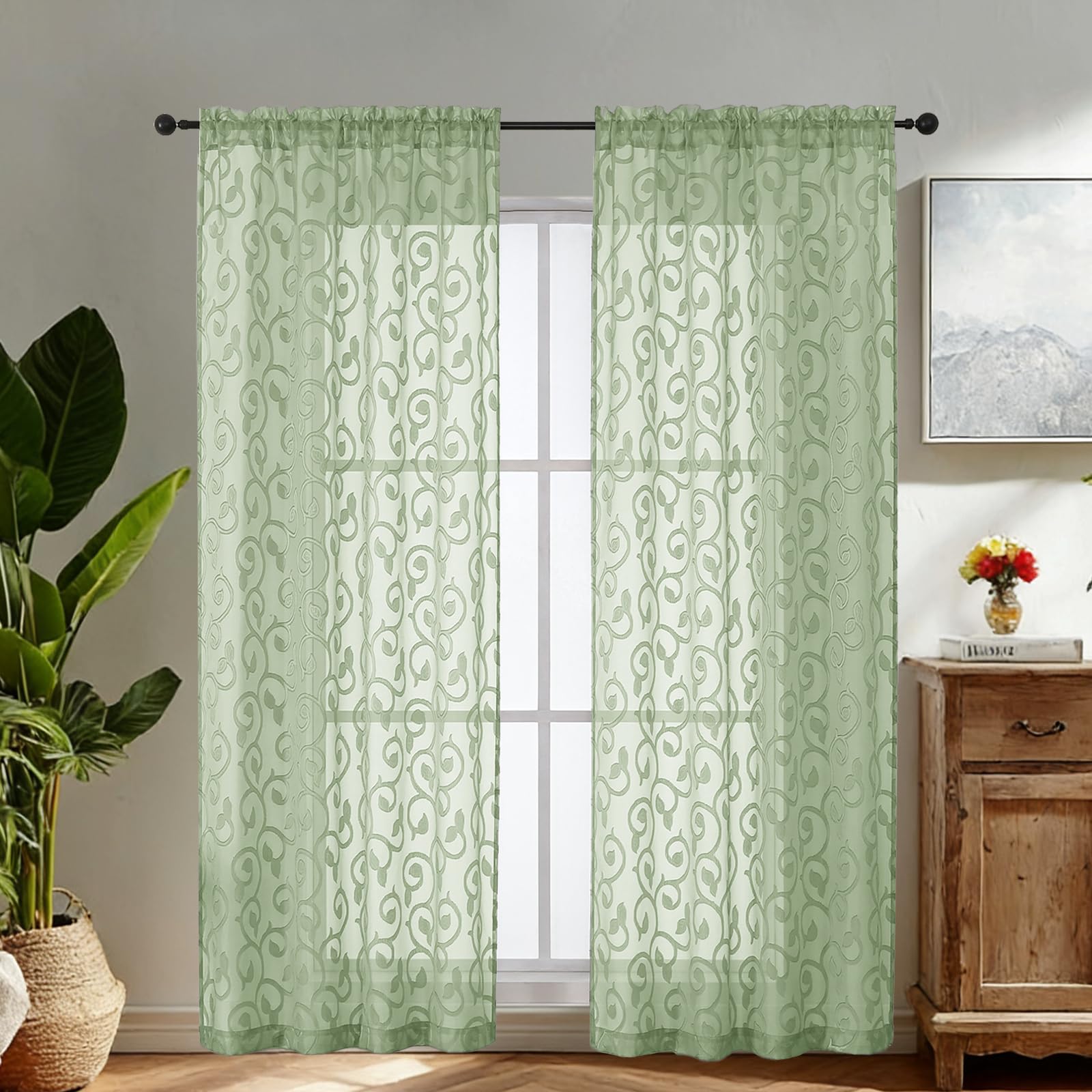Simplebrand Sage Green Sheer Voile Curtains with Embroidered Pattern, 2 Panels 140x200cm, Dual Rod Pocket Light Filtering Tall Window Curtains