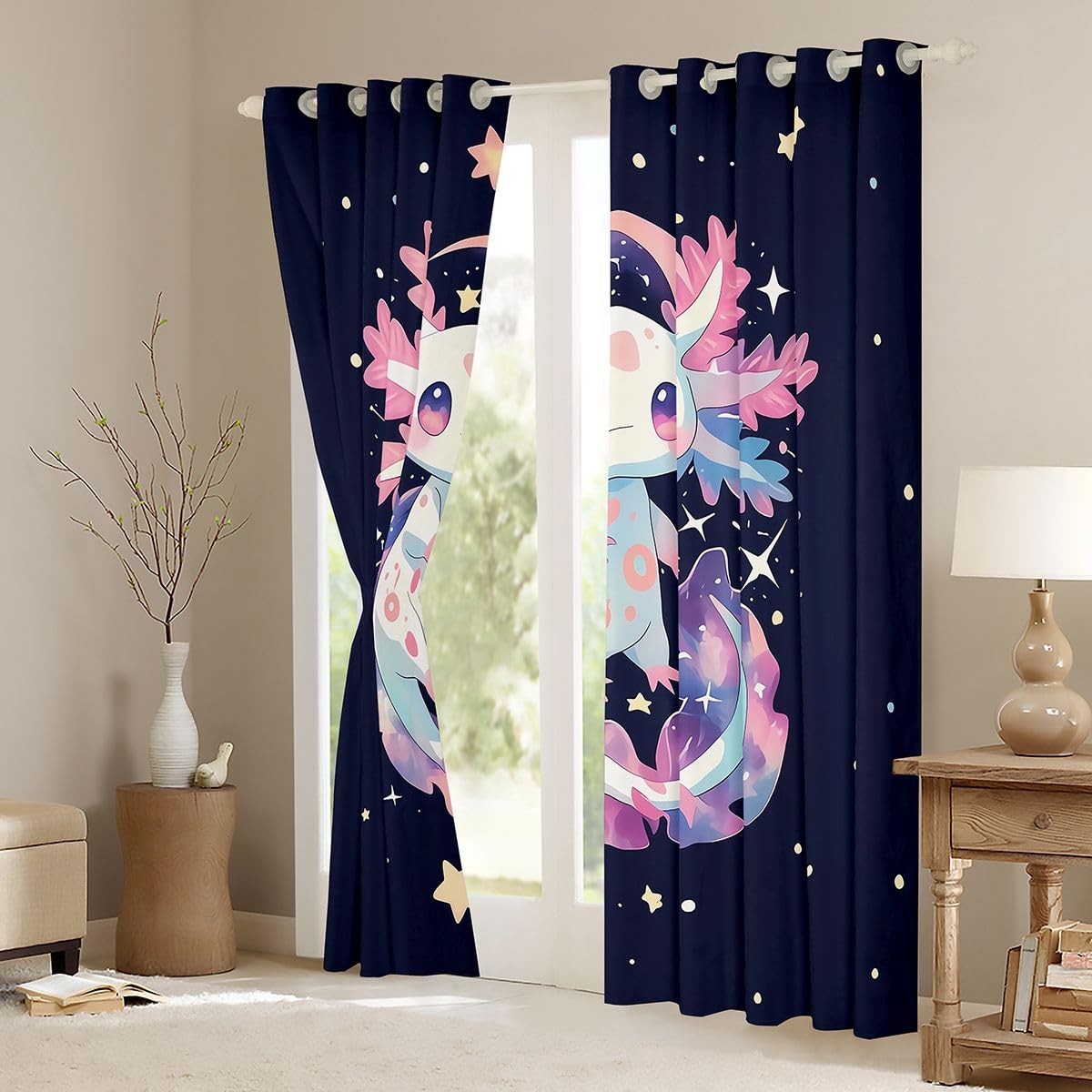Homemissing Tende oscuranti Axolotl per camera da letto e soggiorno, motivo salamandra, stile kawaii, oceano marino, 2 pannelli, 132 x 228 cm, decorazione per la stanza nera e rosa