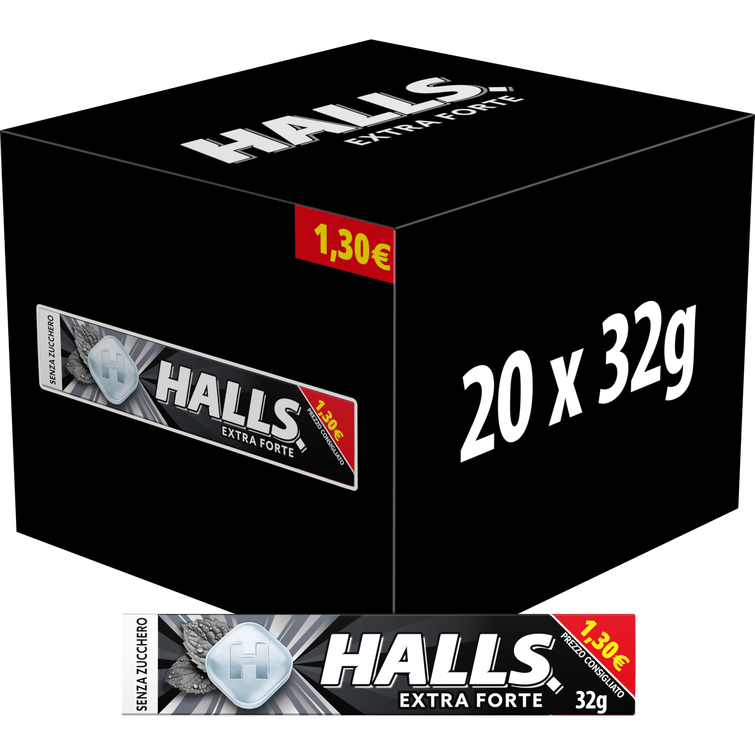 Halls Extra-Strong, Caramella Balsamica alla Menta Senza Zucchero, confezione da 20 sticks da 32g
