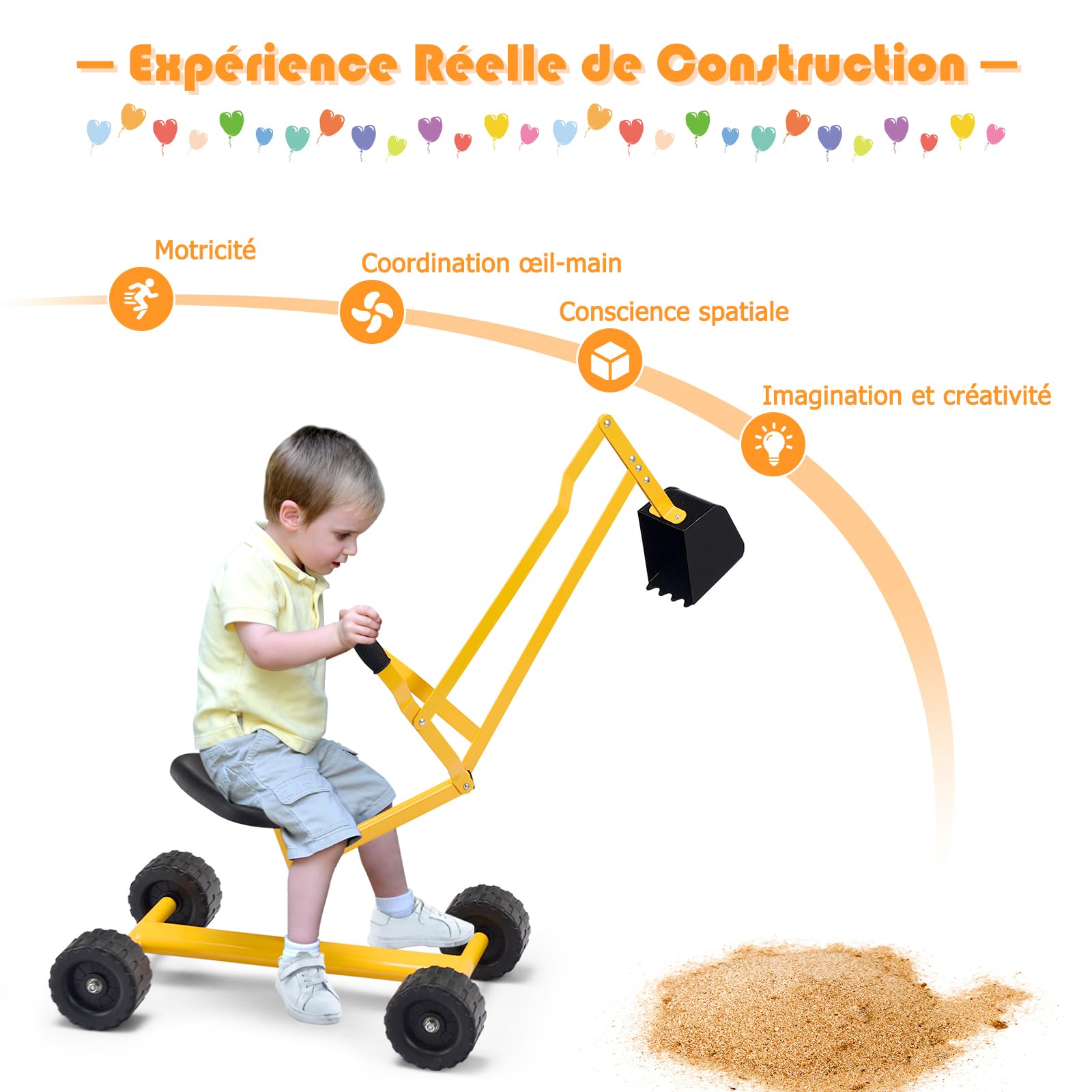 GOPLUS Jouet Pelle Sable pour Enfant, Jouets de Sable Digger pour Plage Pelleteuse avec Siège Pivotant à 360 Degrés, 2 Bras et 4 Roues Antidérapantes, Convient pour Enfants de 4 à 12 Ans (Jaune)
