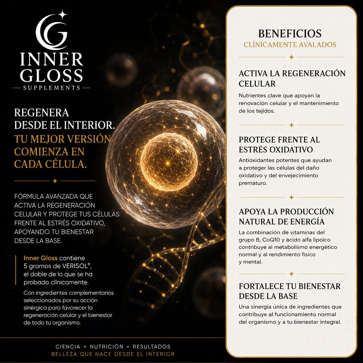 Colágeno Hidrolizado VERISOL® (5000 mg) + Elastina PROLASTIN® + Ácido Hialurónico + Biotina + Coenzima Q10 + Glutation + Vitamina B12 + Fisetina - Un Total de 23 ingredientes en perfecta sinergia.