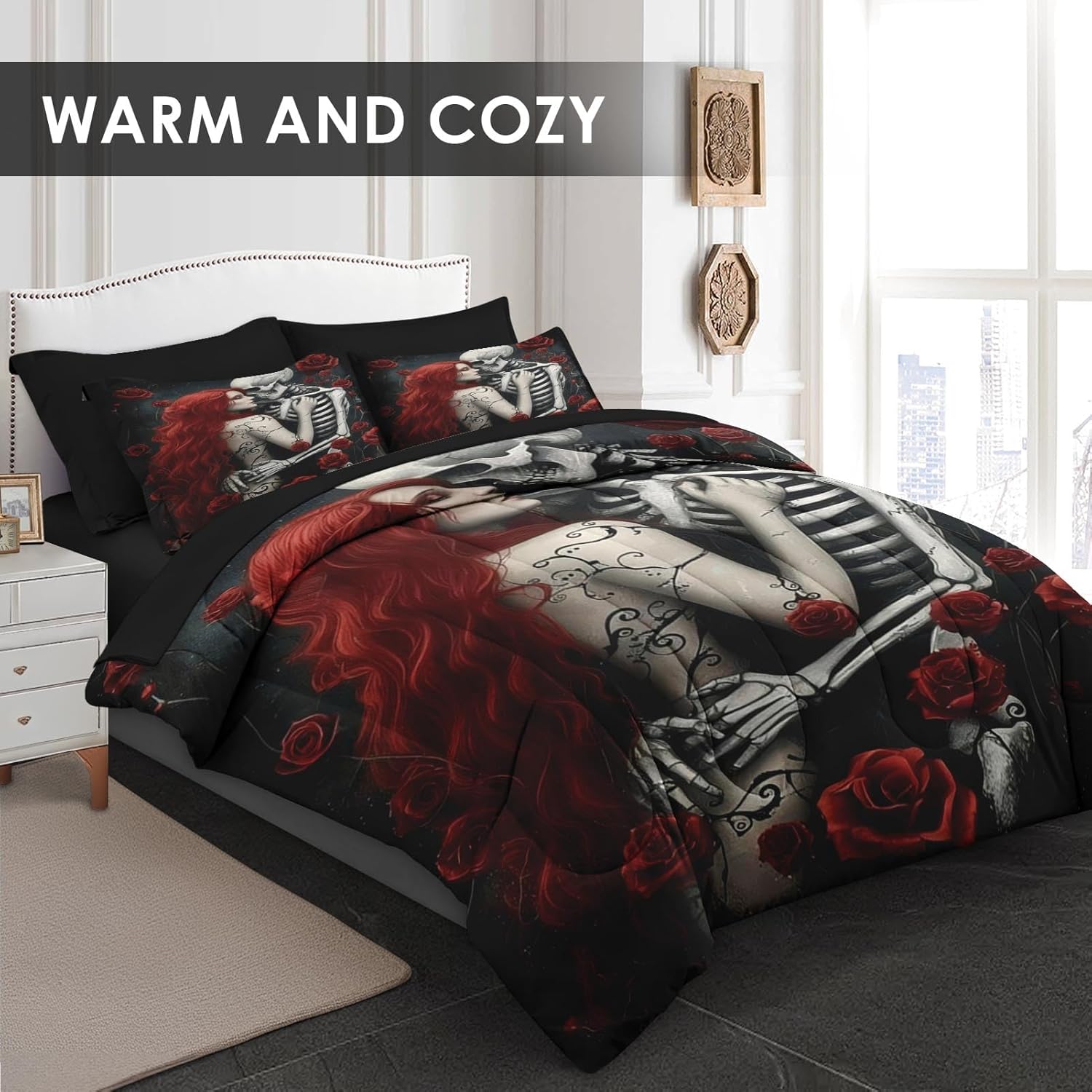 Comforter Set King Size, Death Skeleton Black 7 Pcs Bedding for Kids and Adults, Lover Rose Bed Sheet Sets with Fitted Sheet 2 Pillowcases & 2 Shams for Bedroom Bed Decor - Image 2