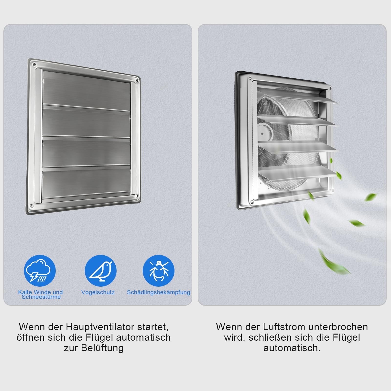 Edelstahl Lüftungsgitter 304, 150mm Rechteckig Bewegliche Lüftungsklappe, Außen Lüftungskappe mit Insektenschutz & Wetterschutz, Abluftgitter für Wand/Badezimmer/Garage/Wohnmobile/Kamin, Lüftungsrohr