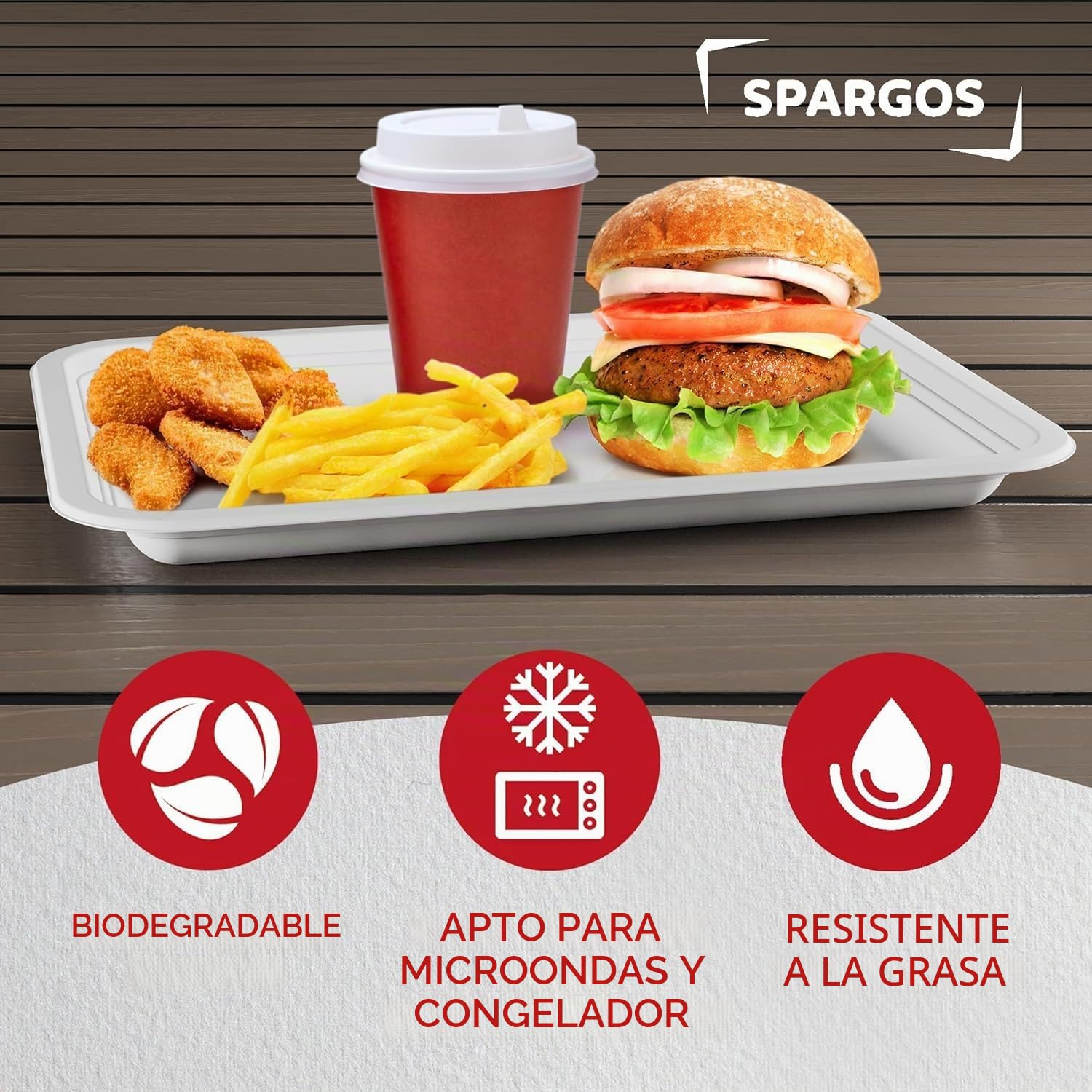 SPARGOS Platos 5 Compartimentos Desechables 100 Uds - Caña Azúcar | 100 platos con compartimentos de caña de azúcar, 21,6 x 31,5 cm, compostables, para comedor y fiestas